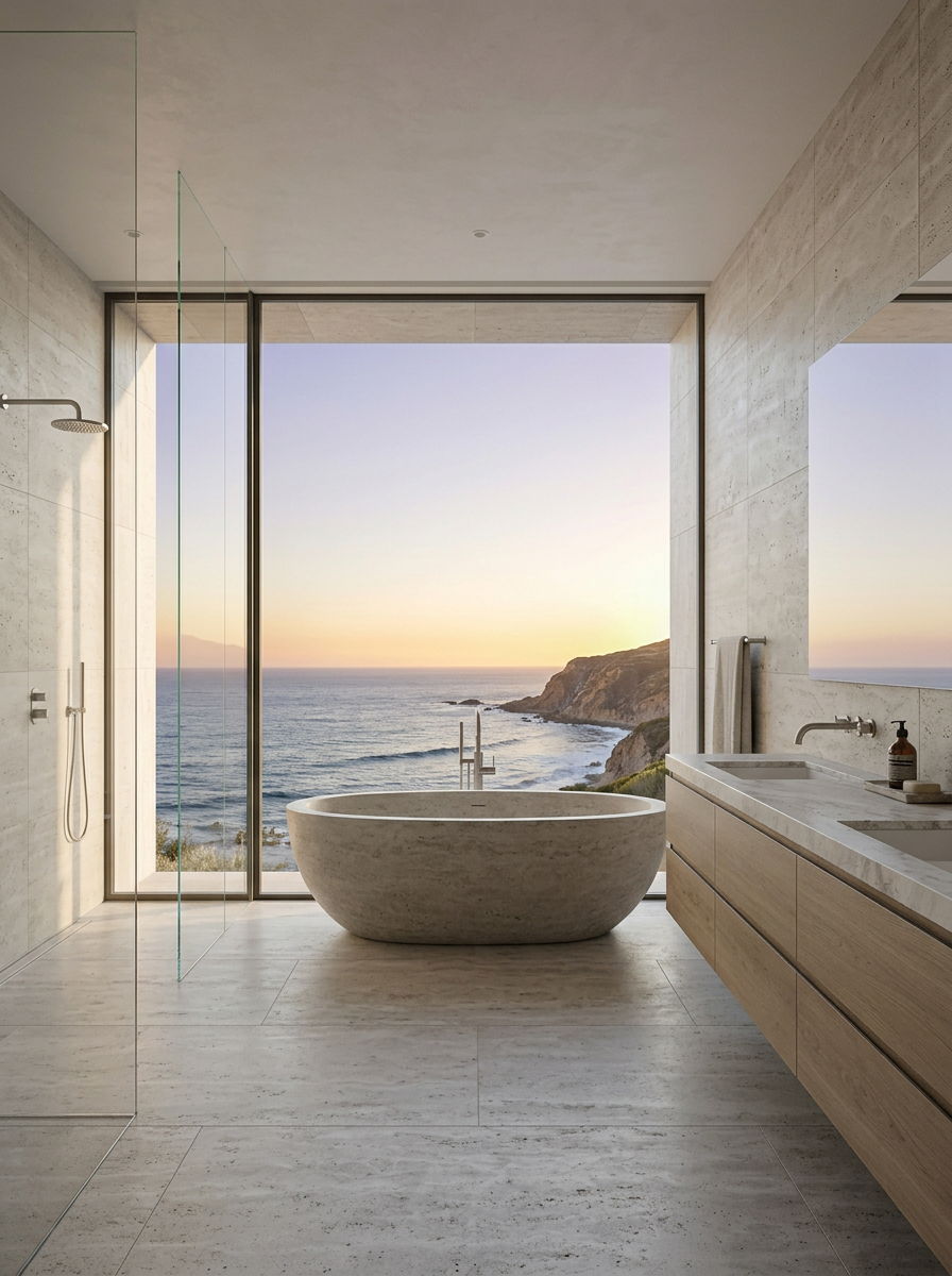 Spa-like bathroom with freestanding stone soaking tub overlooking the infinity-edge pool and sea