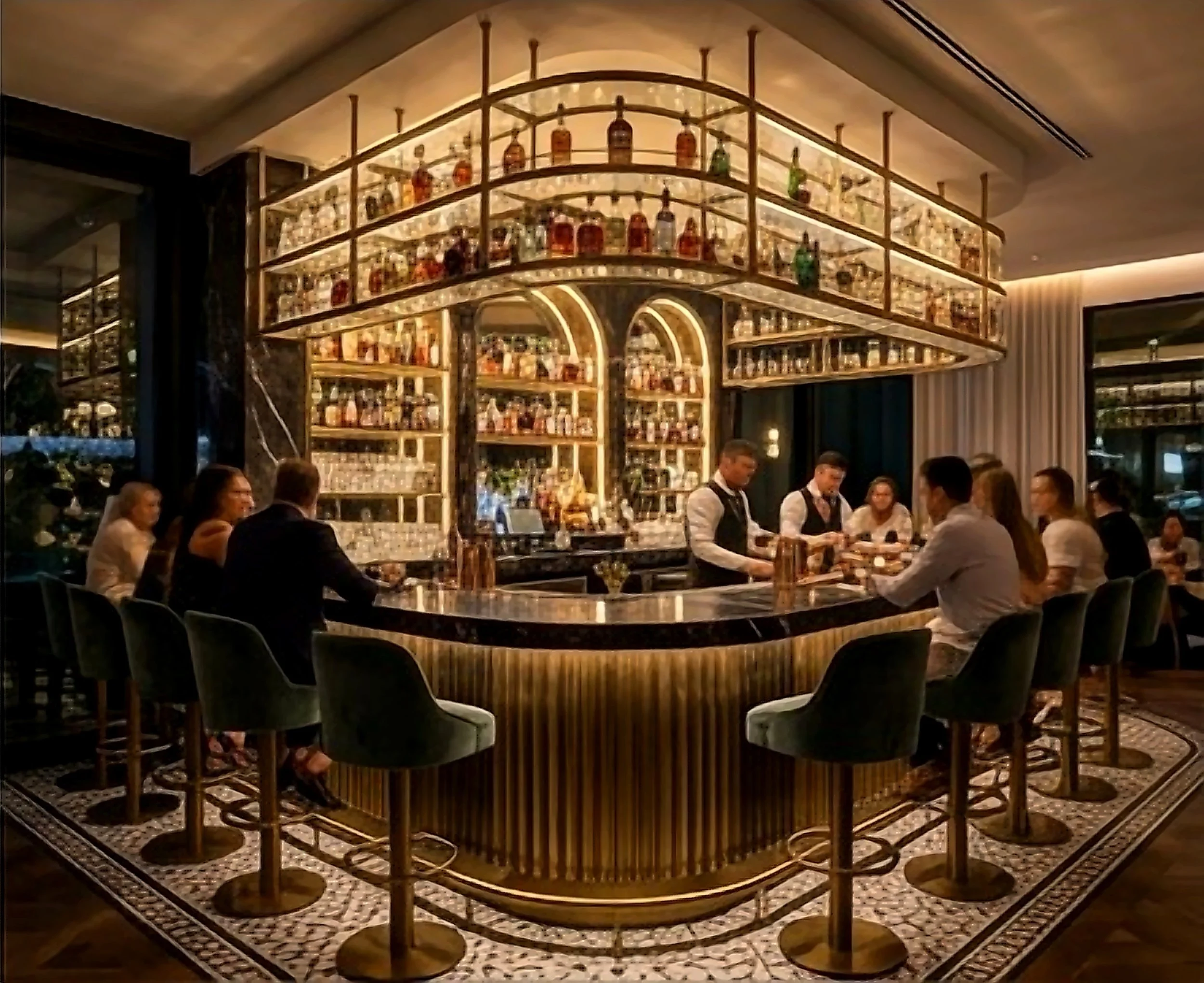 Curved bar with backlit shelving and emerald velvet barstools at Aurora