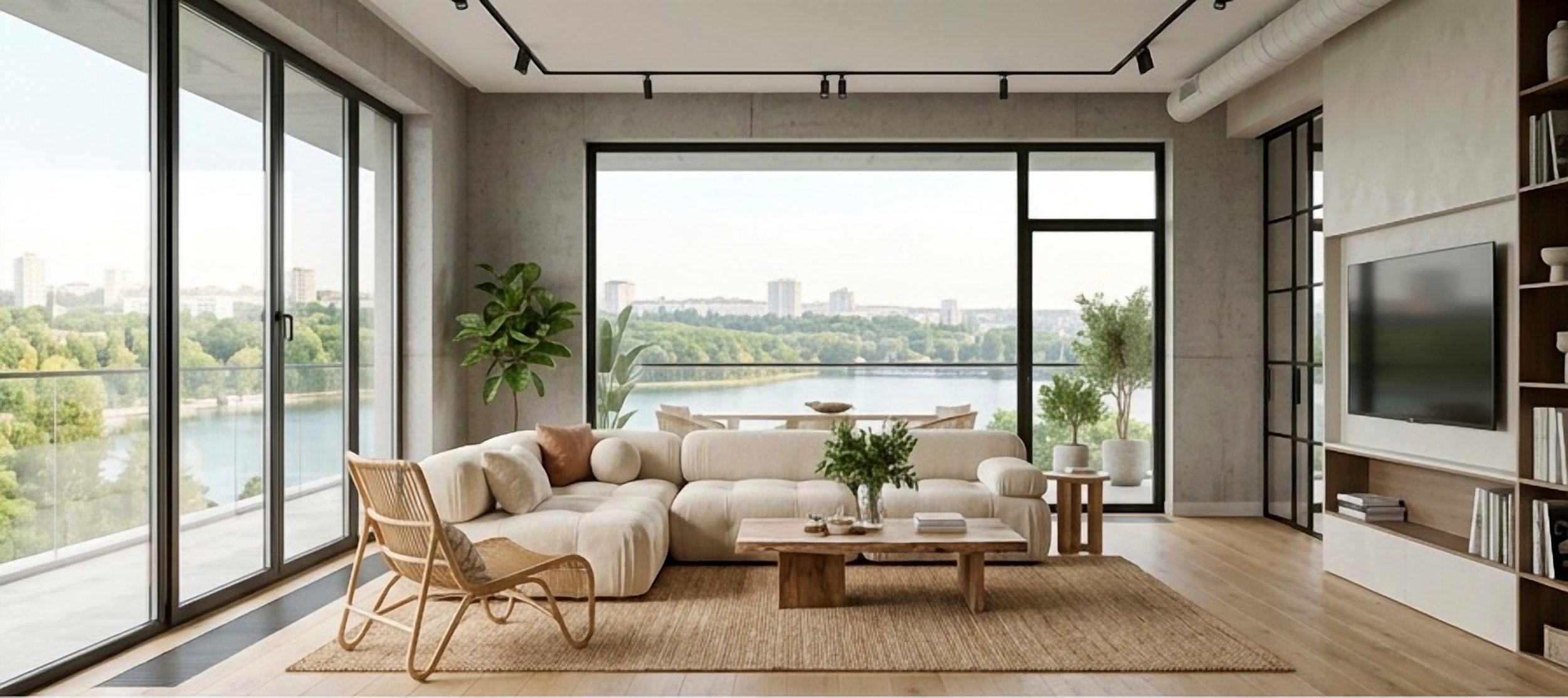 Valea Morilor — living room with panoramic lake view