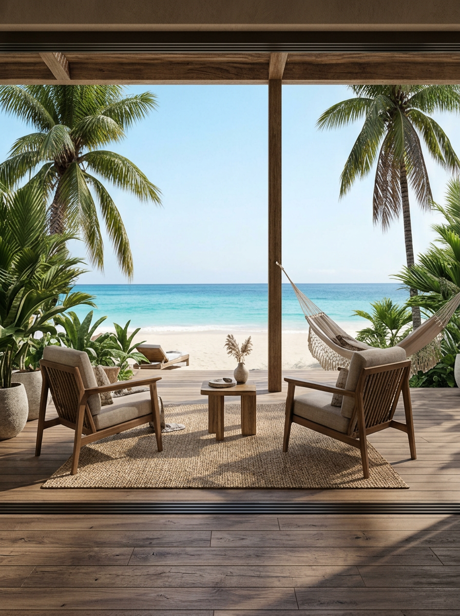 Beachfront villa patio deck overlooking the ocean