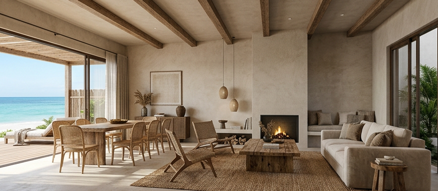Open-plan living room of a Tulum condo residence