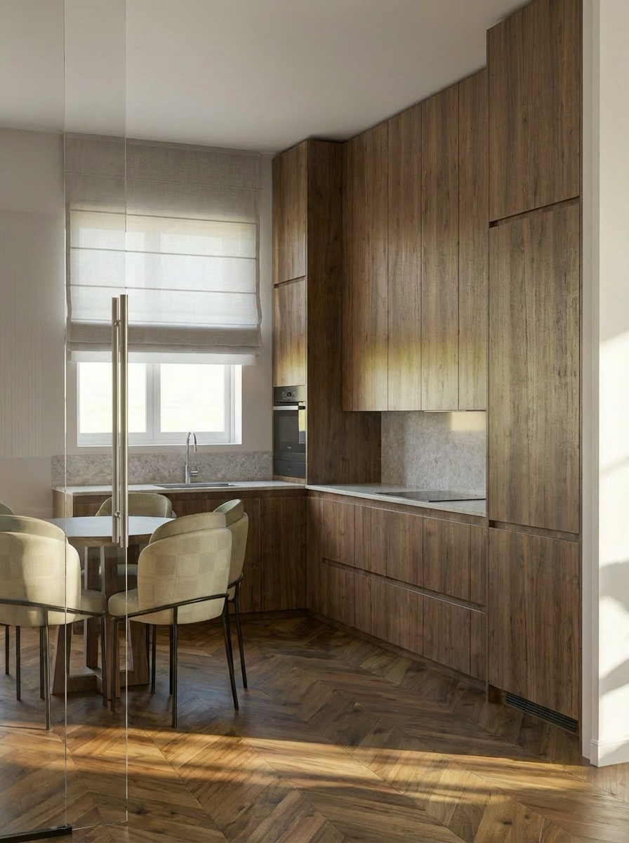 Minimalist kitchen with frameless oak cabinetry