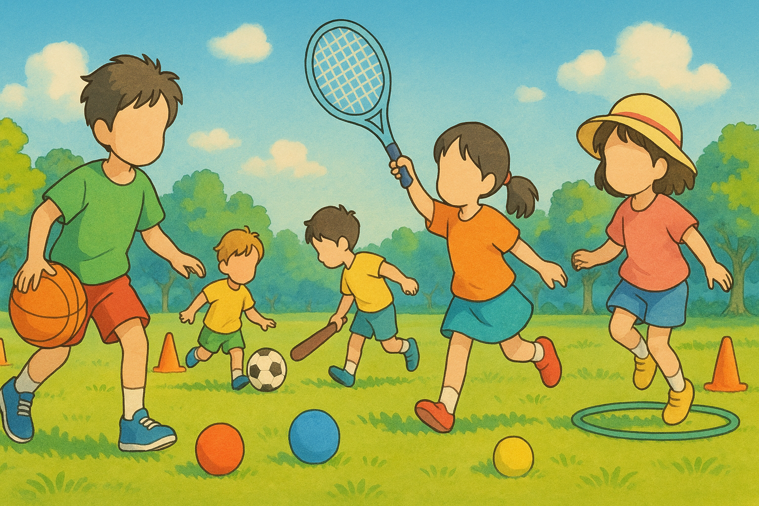 Children happily playing multiple sports together in a sunny park.