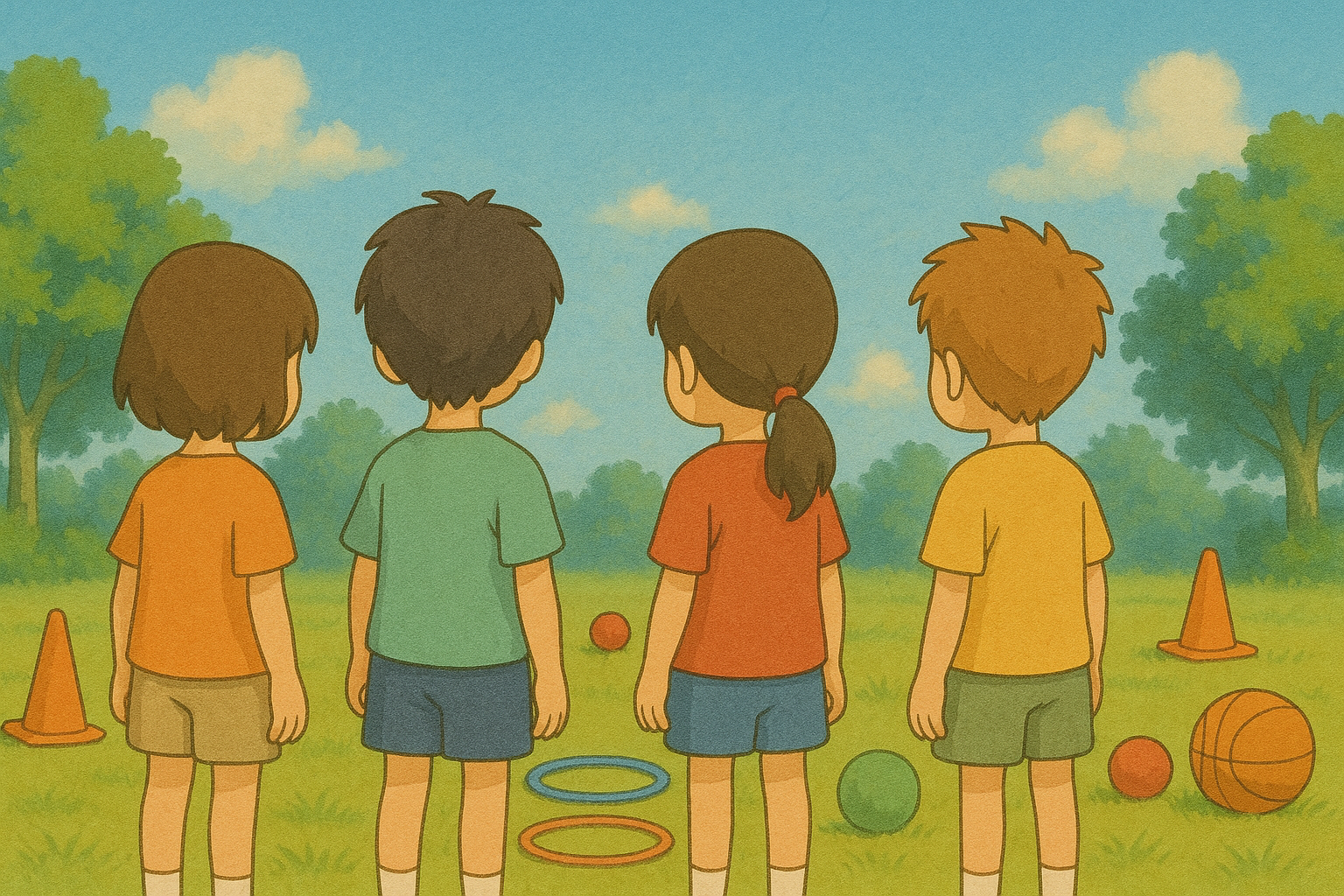 Children at a park with cones, balls, and coaches running a class.