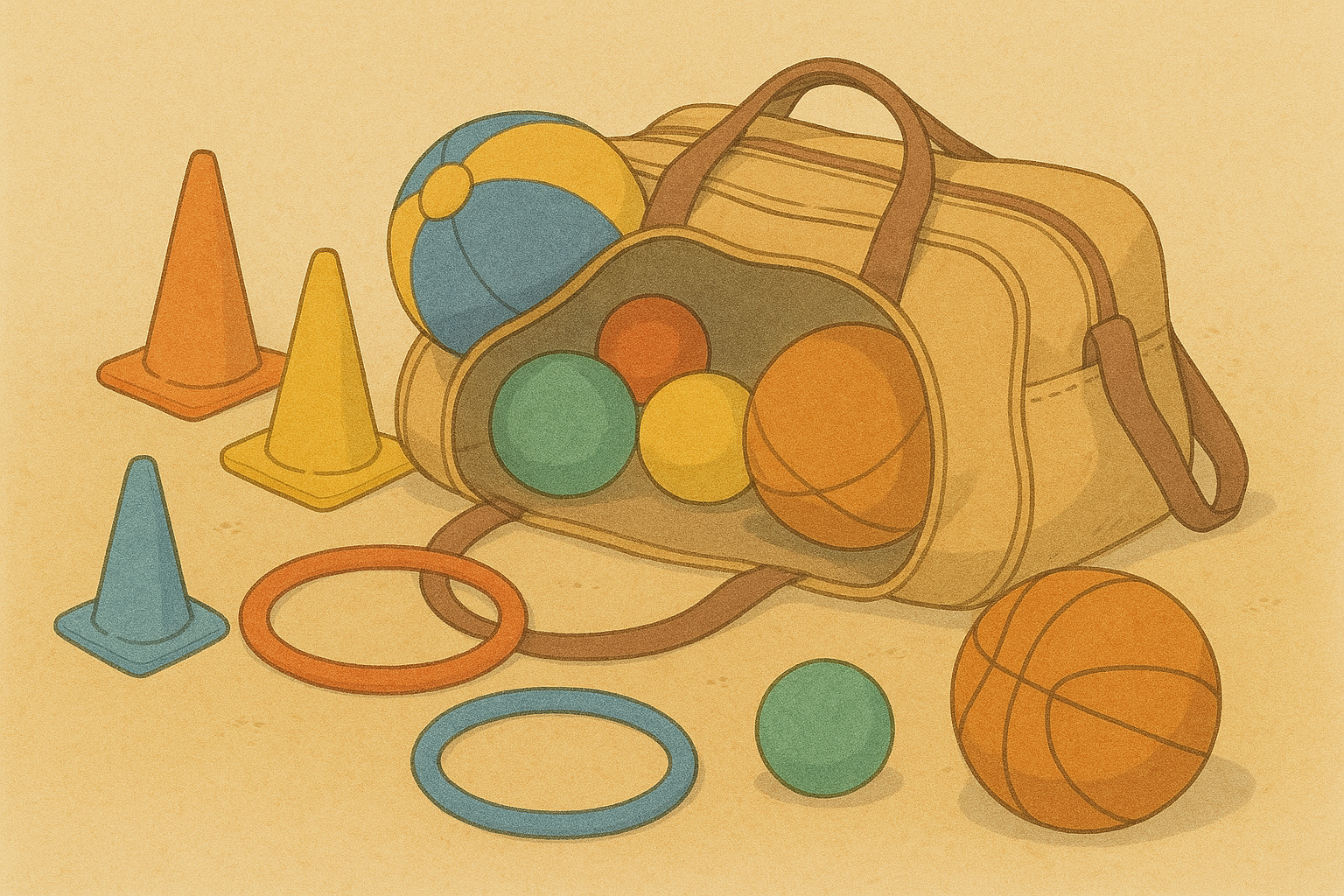 A children's sports bag with cones and balls ready for class.