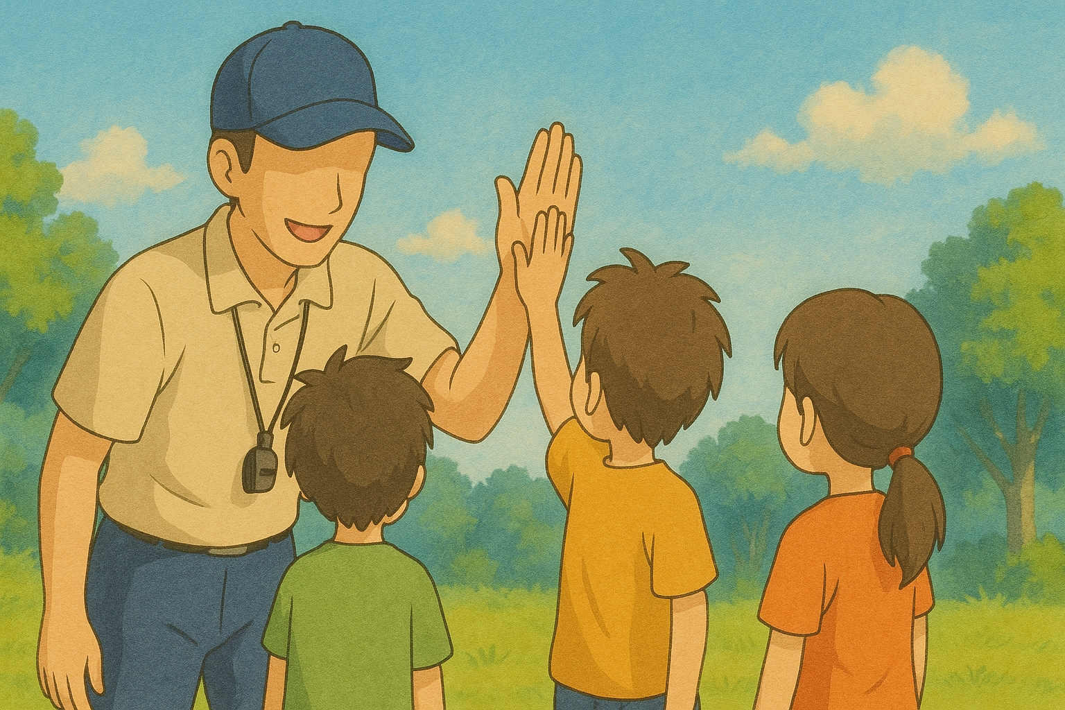 A friendly coach high-fiving children after a sports class.