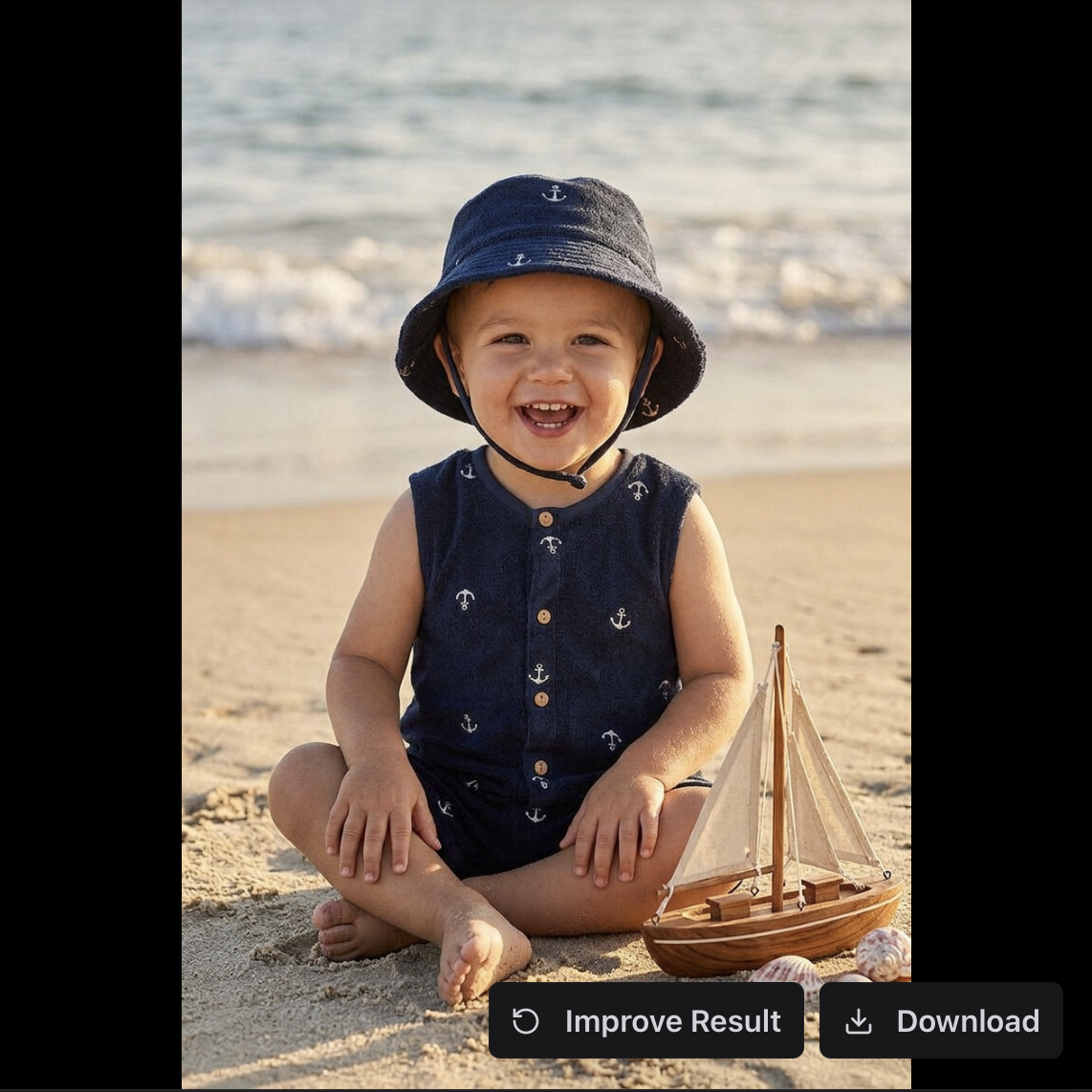 First Flair AI generation of a smiling child in the navy romper on a beach