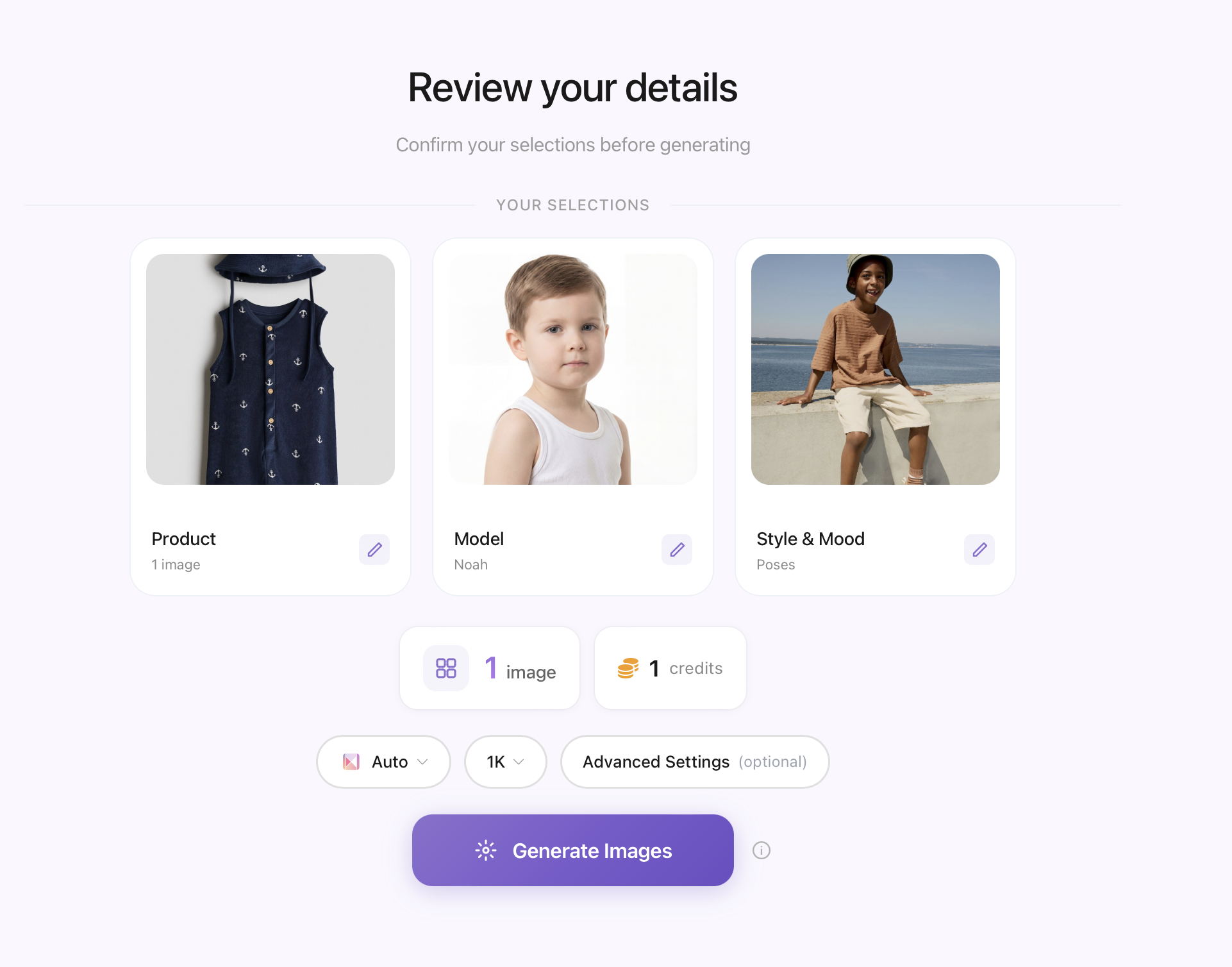 Whatmore interface showing the navy romper on a selected child model