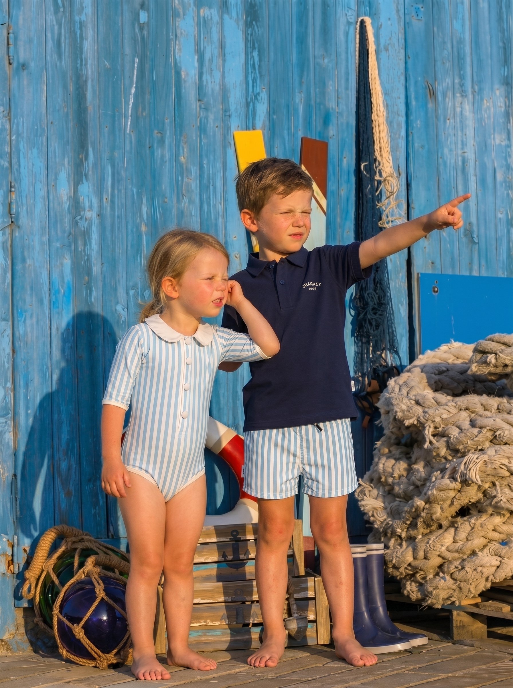 Boy and girl in nautical outfits standing beside fishing nets and a blue wooden boathouse wall