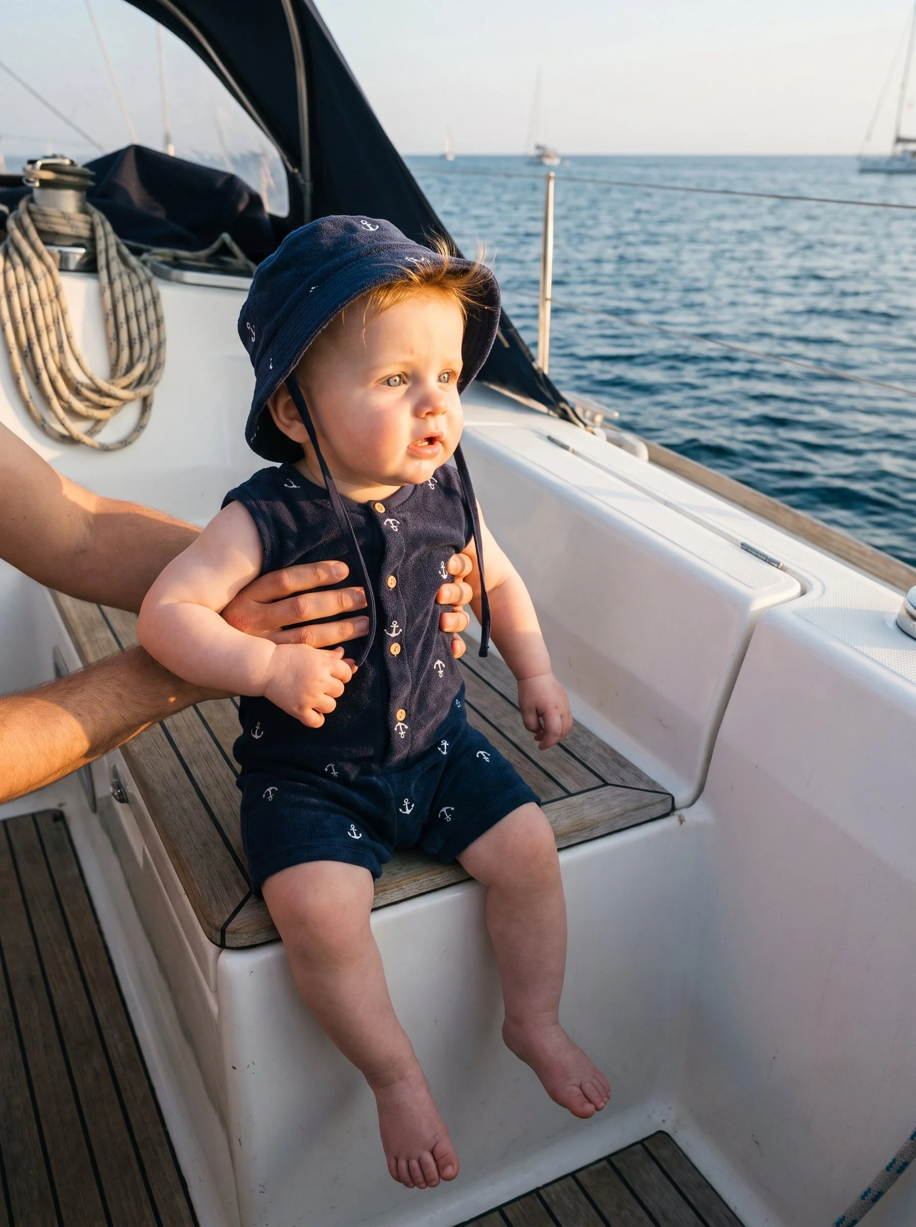 Baby in a navy anchor-print romper and bucket hat sitting on a yacht