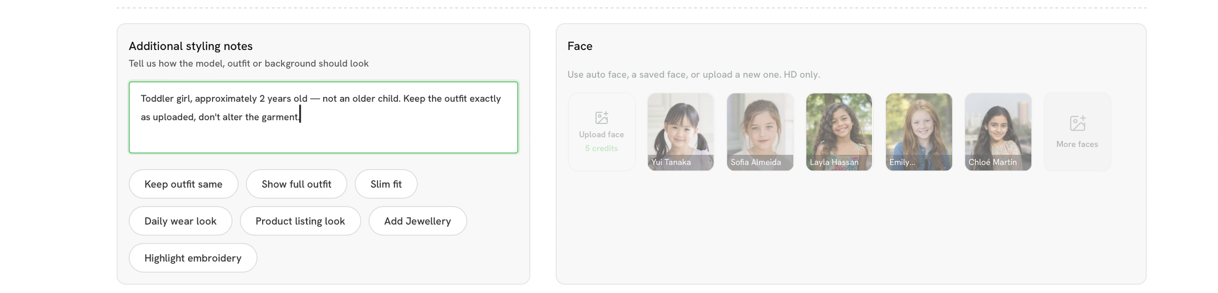 Scalio interface used to generate the on-model toddler image