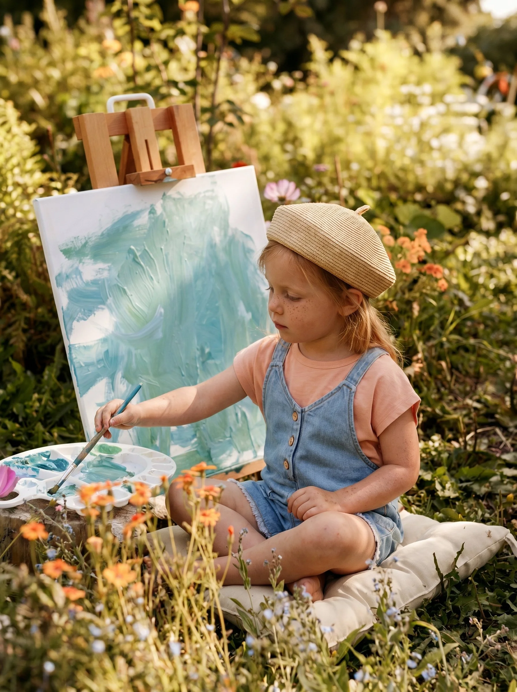 Young child in a beret painting at an easel in a sunlit garden