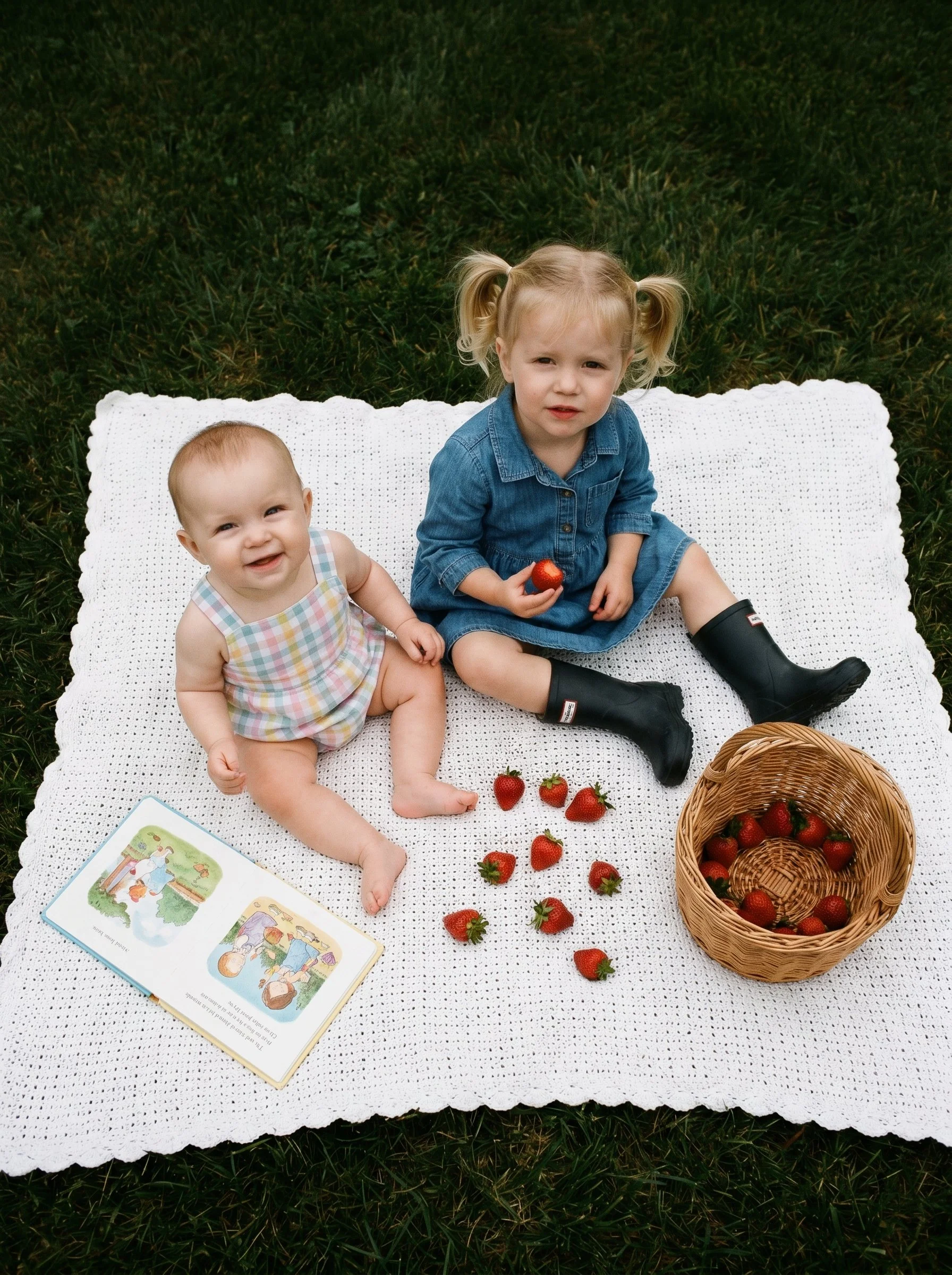 Girls relaxing together on a blanket in a warm overhead lifestyle scene