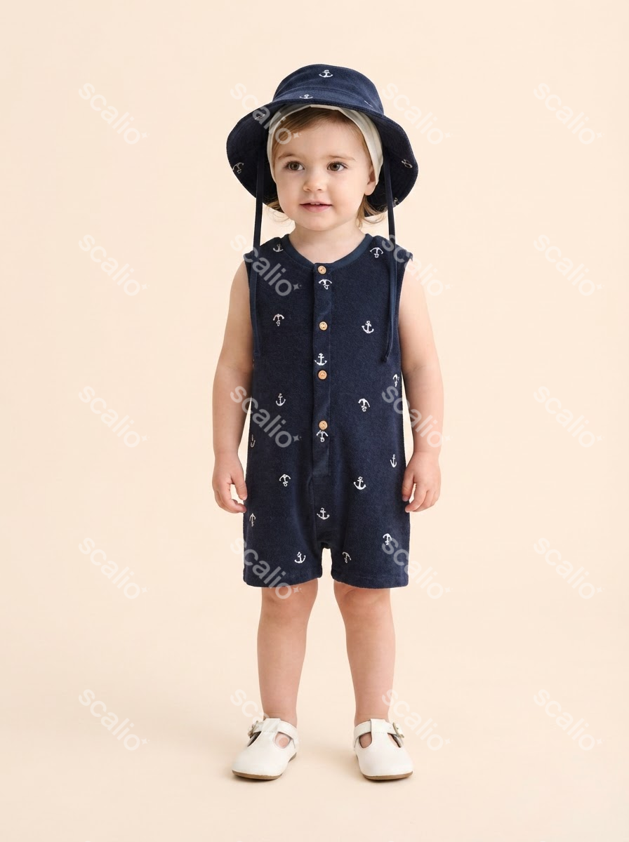 Scalio-generated child model wearing the navy anchor-print romper and bucket hat