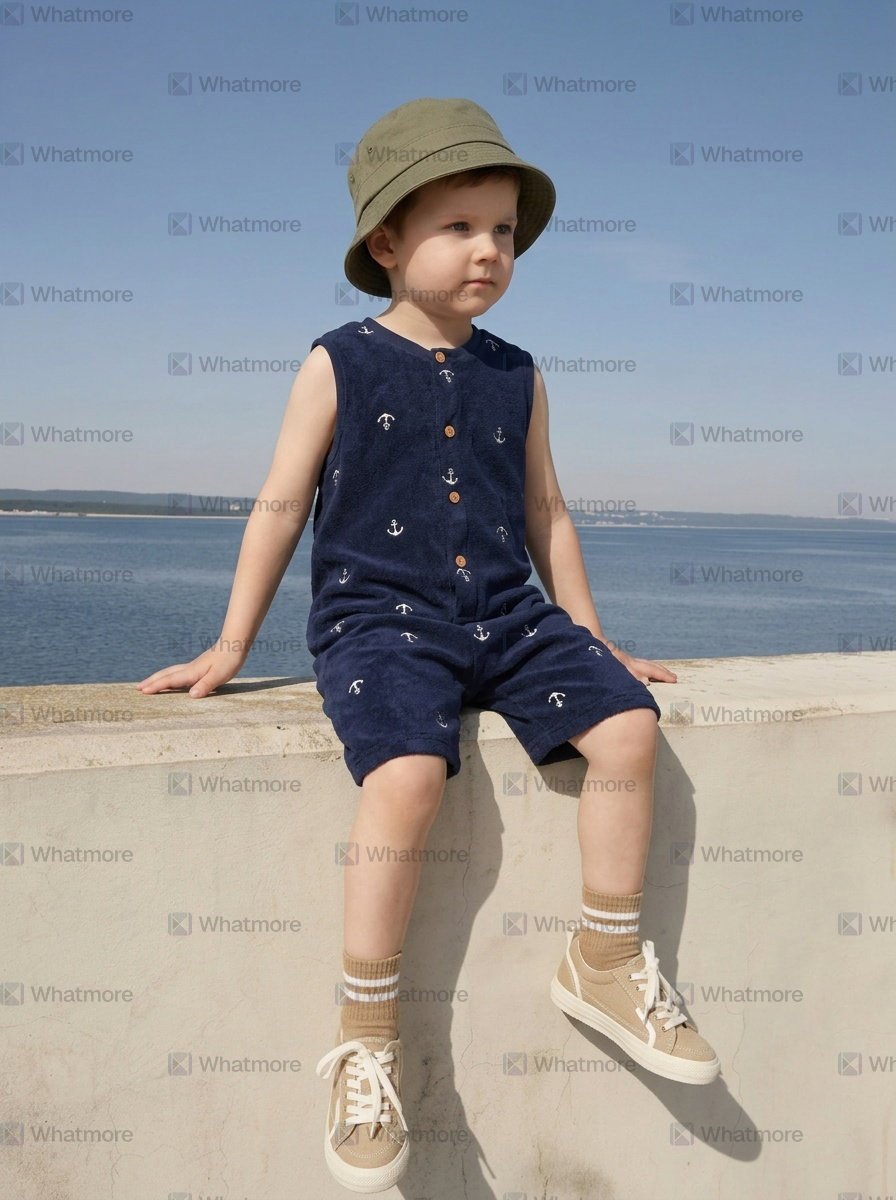 Whatmore-generated older child wearing the navy romper with a changed headpiece