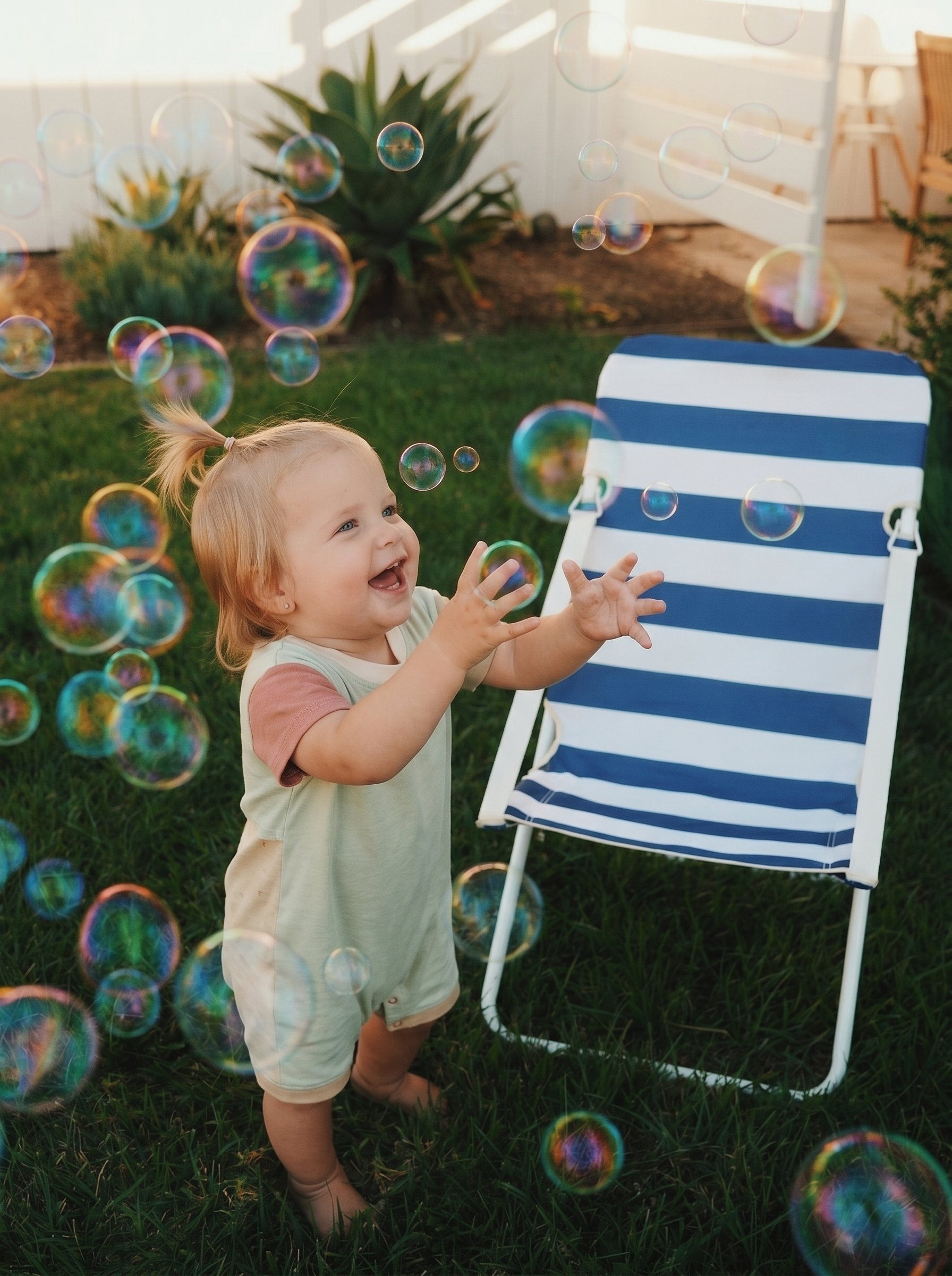 Baby playing with bubbles outdoors in warm natural light