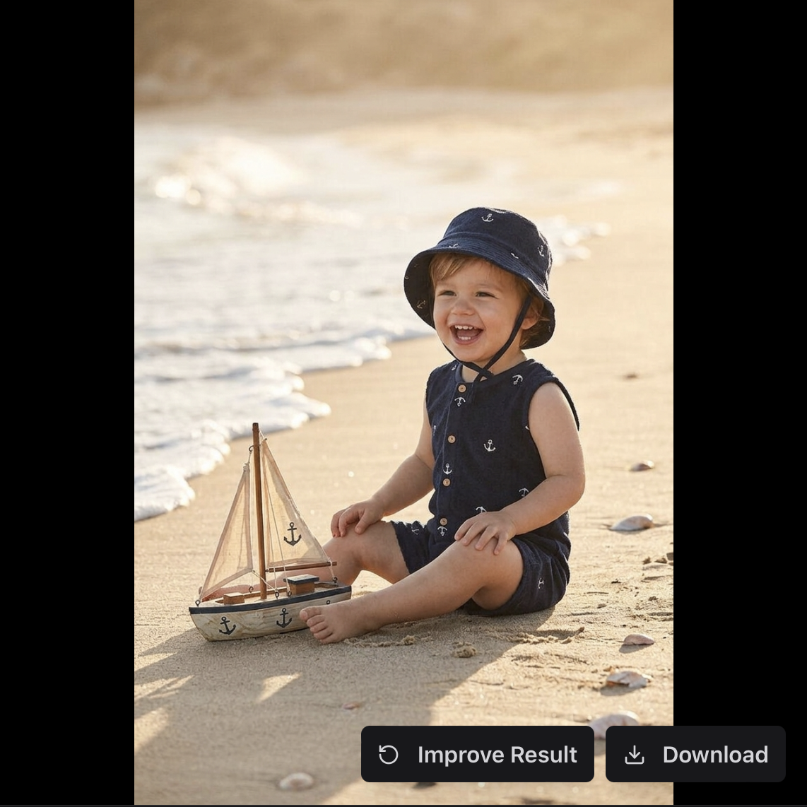 Second Flair AI generation showing a different child in the same navy romper on a beach