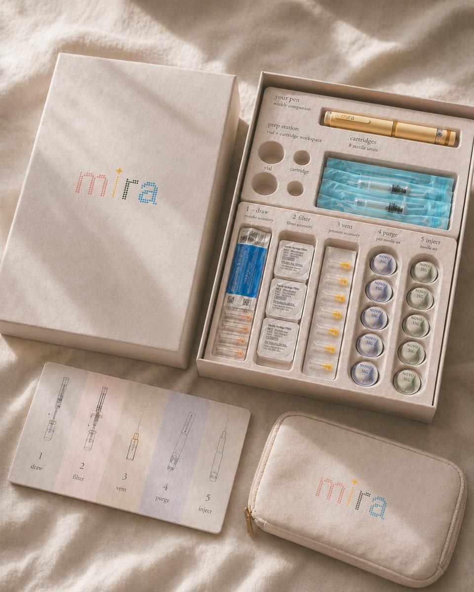 The Mira Box — open kit with pen, sterile sundries, instruction card, and Carry pouch
