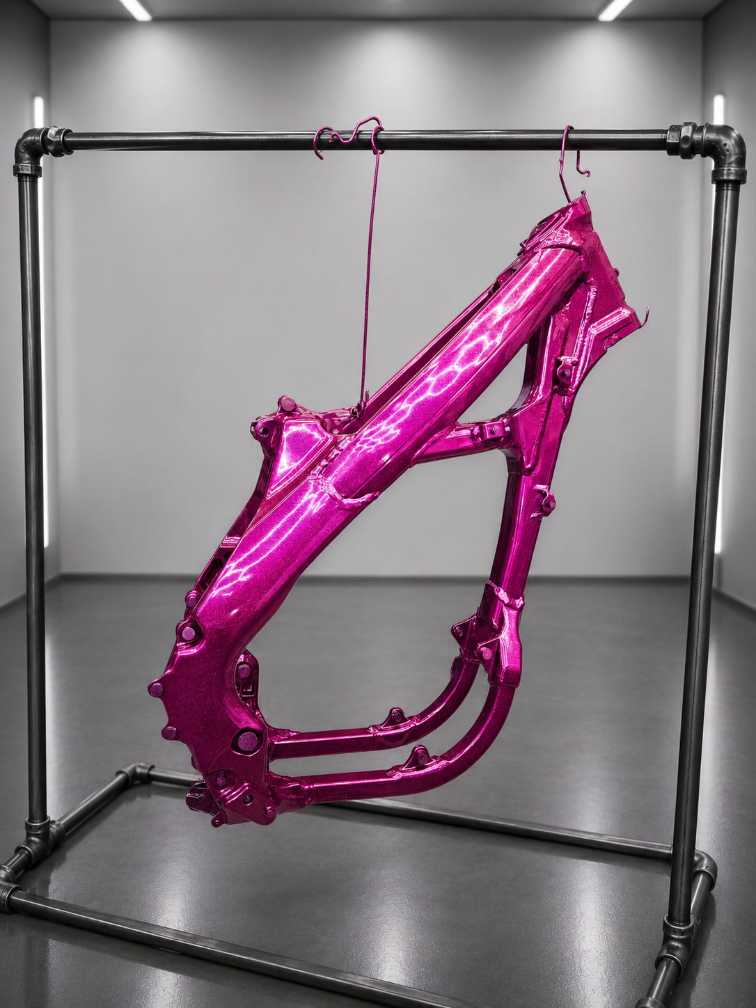 Hot pink powder coated dirt bike frame by Apex Factory Coatings Queen Creek AZ