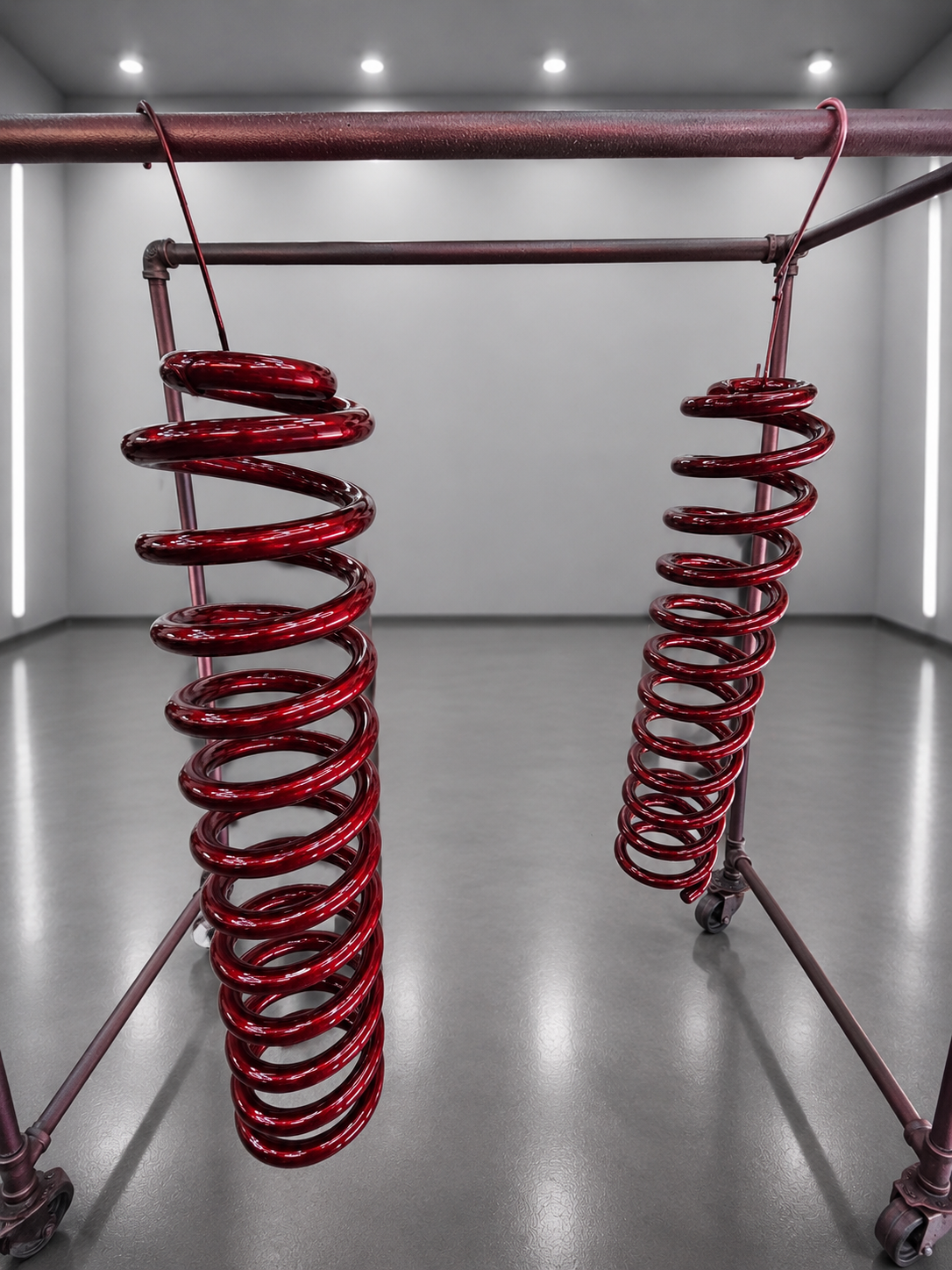 Red candy powder coated coil springs by Apex Factory Coatings