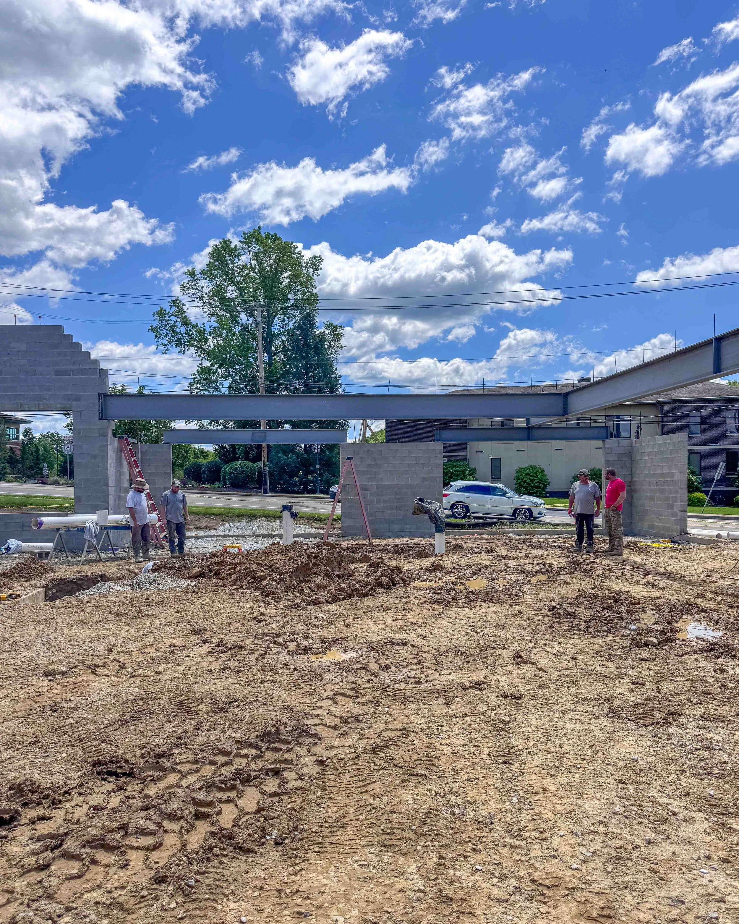 New steel beams spanning the Common Ground Kitchen & Taps construction site in McMurray, PA.
