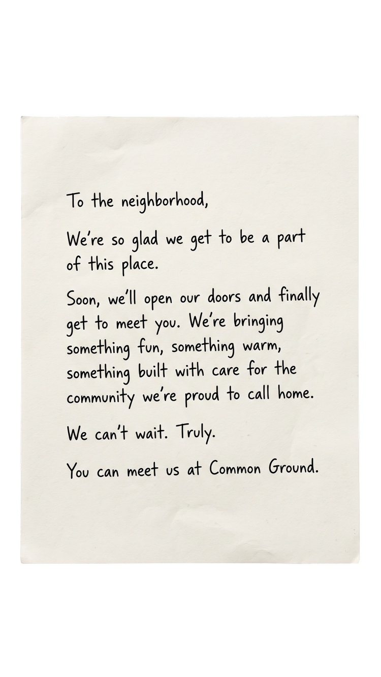 Handwritten note to the neighborhood from Common Ground Kitchen and Taps, opening winter 2026 in Peters Township, PA