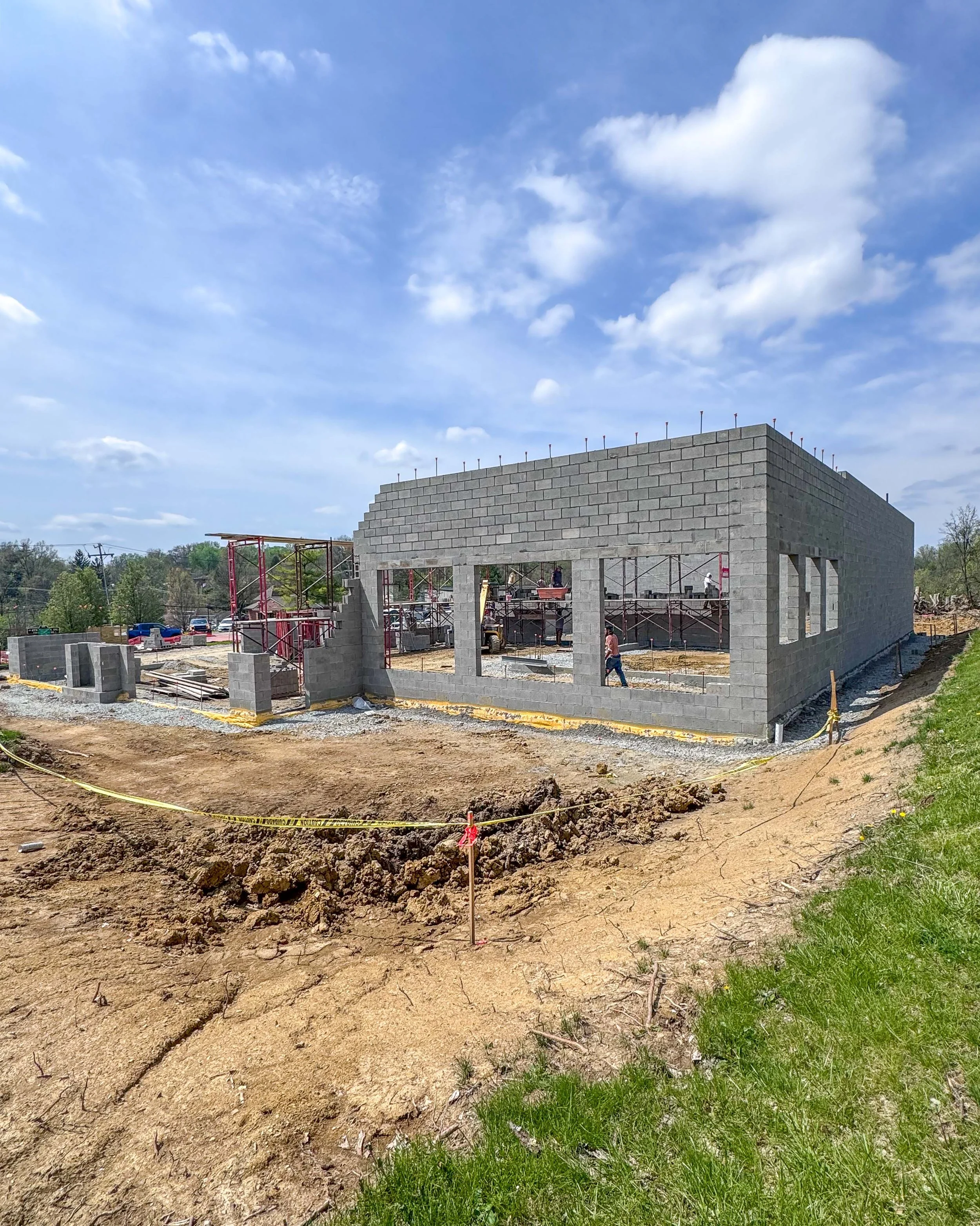 Concrete block walls and window openings taking shape at the Common Ground Kitchen & Taps restaurant build in McMurray, PA.