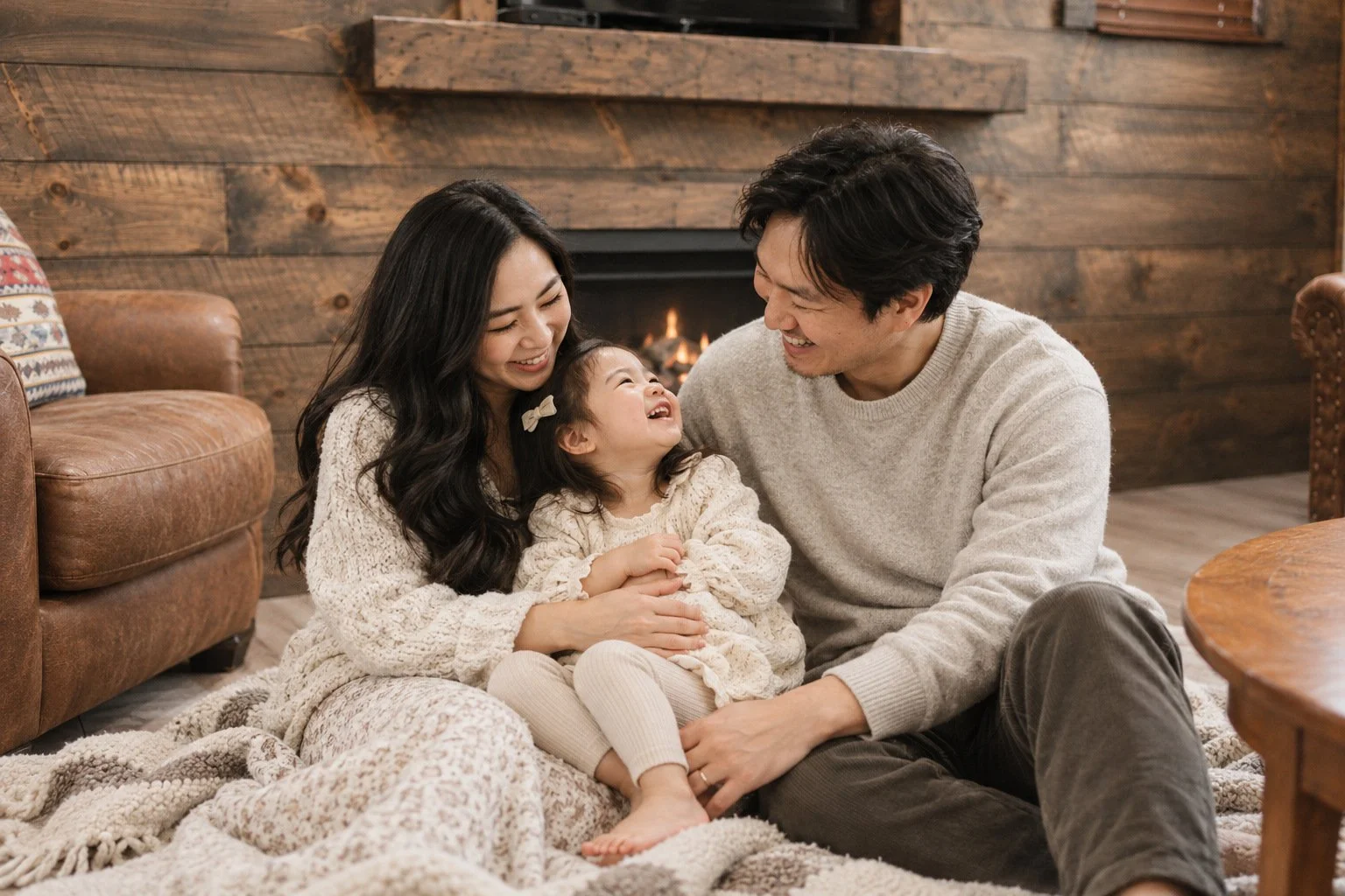 Parents and their daughter relaxing by the cabin fireplace.