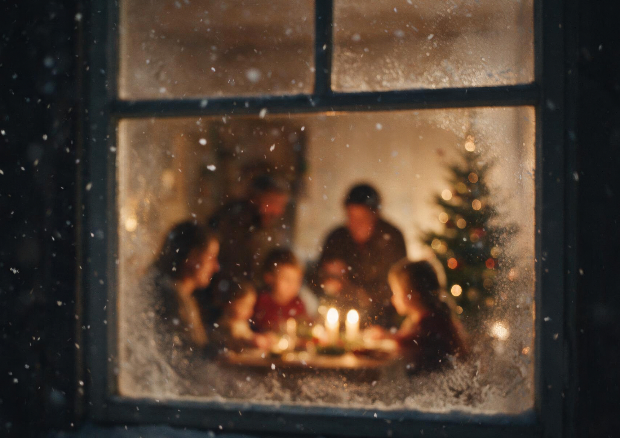 A warmly lit holiday gathering seen through a winter window.