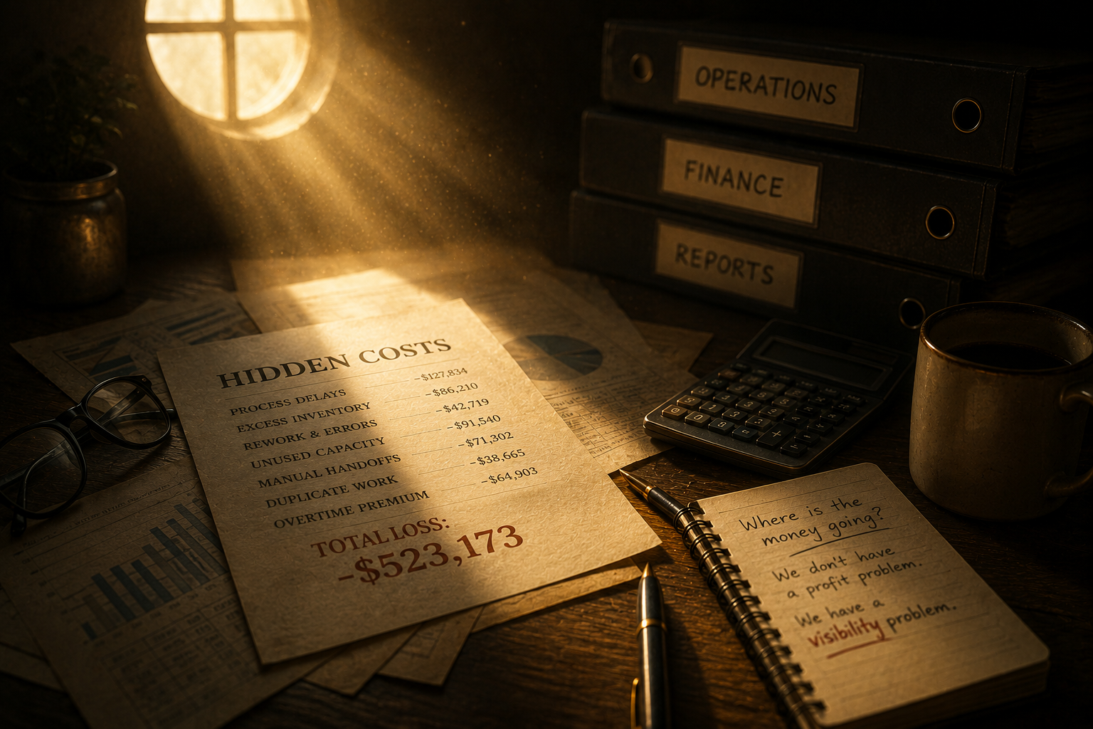 Light revealing hidden operational costs, financial leakage, and unclear business visibility