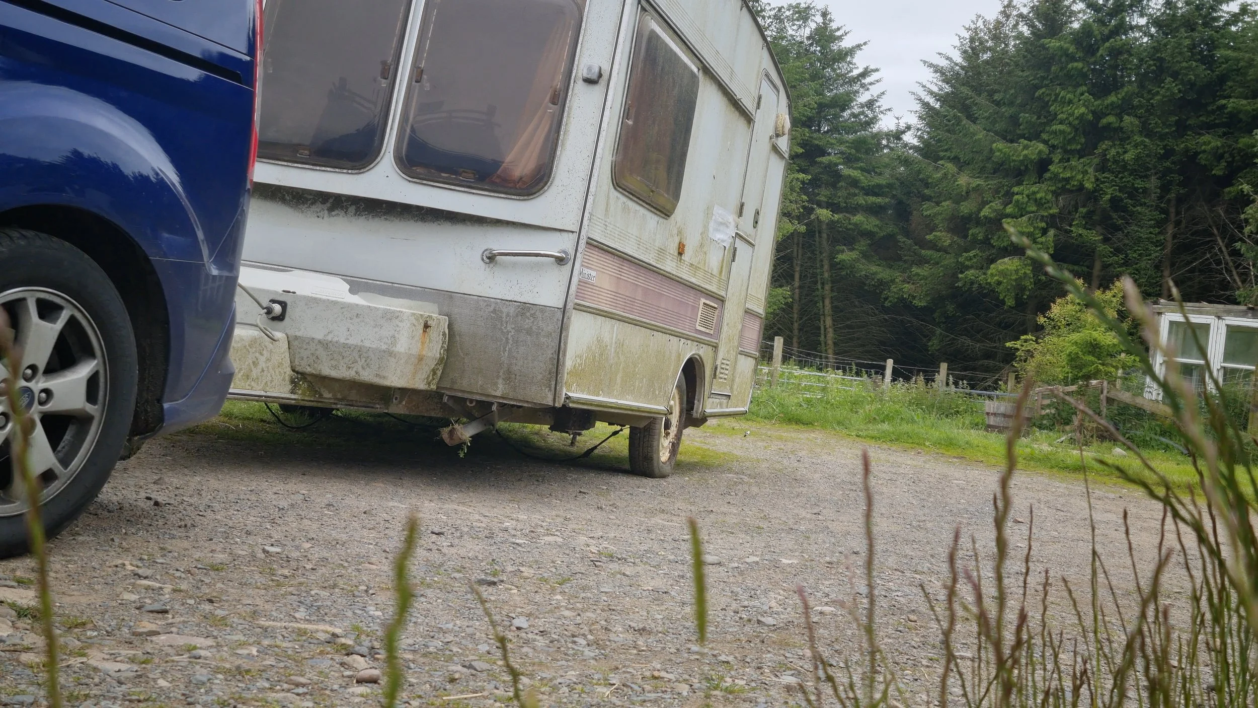 Rear view of the rare Churchill Minster caravan rescue project