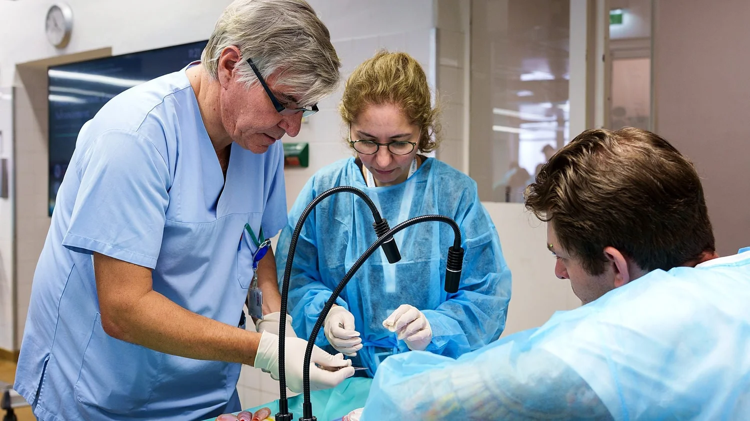 A faculty member guides two participants through a suturing exercise at a wetlab station