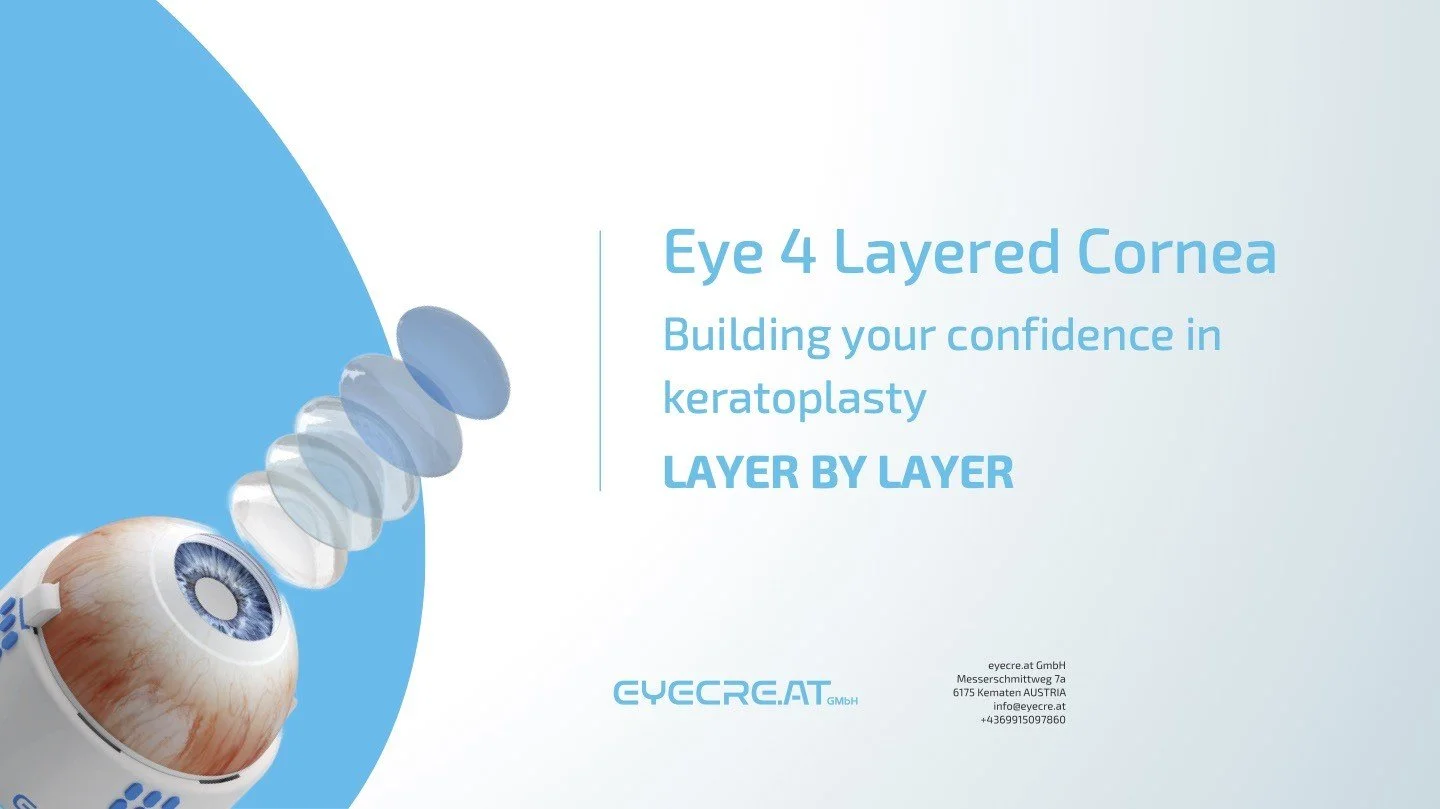 Eye 4 Layered Cornea training eye with the text Building your confidence in keratoplasty, layer by layer, on a dark background. Artificial training model by eyecre.at.