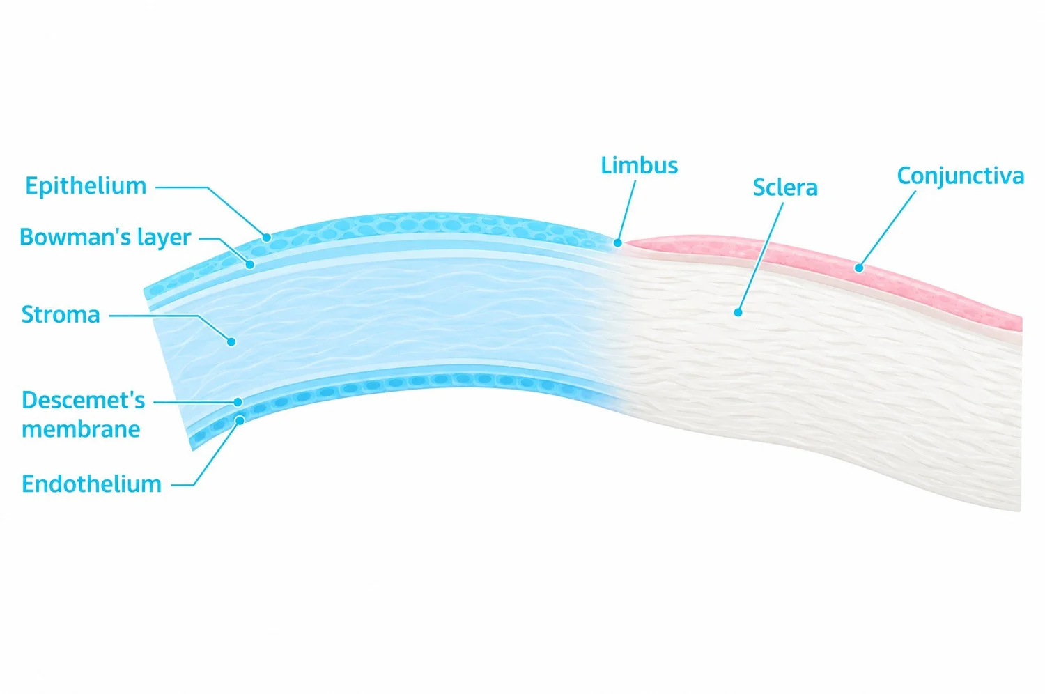 Illustrated cross-section of the anterior eye wall: the five corneal layers on the left transition through the limbus into the white sclera on the right, with the conjunctiva lying on top of the sclera. AI-generated illustration based on the eyecre.at layer schematic.
