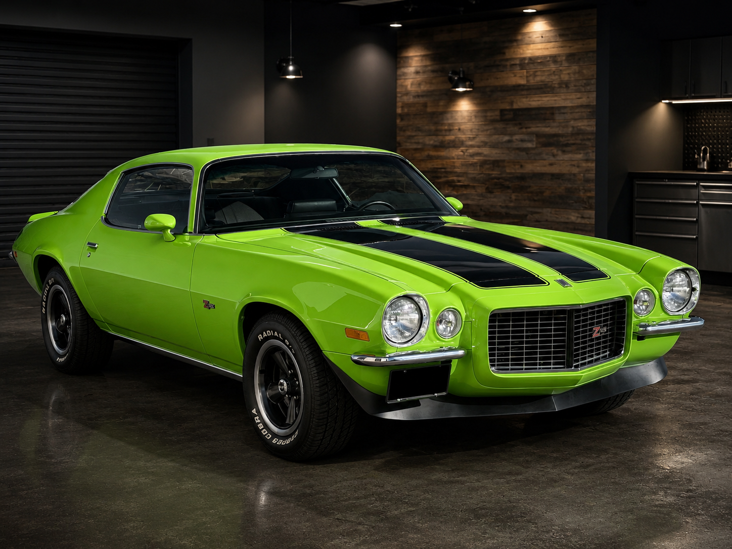 Citrus green classic Camaro front profile