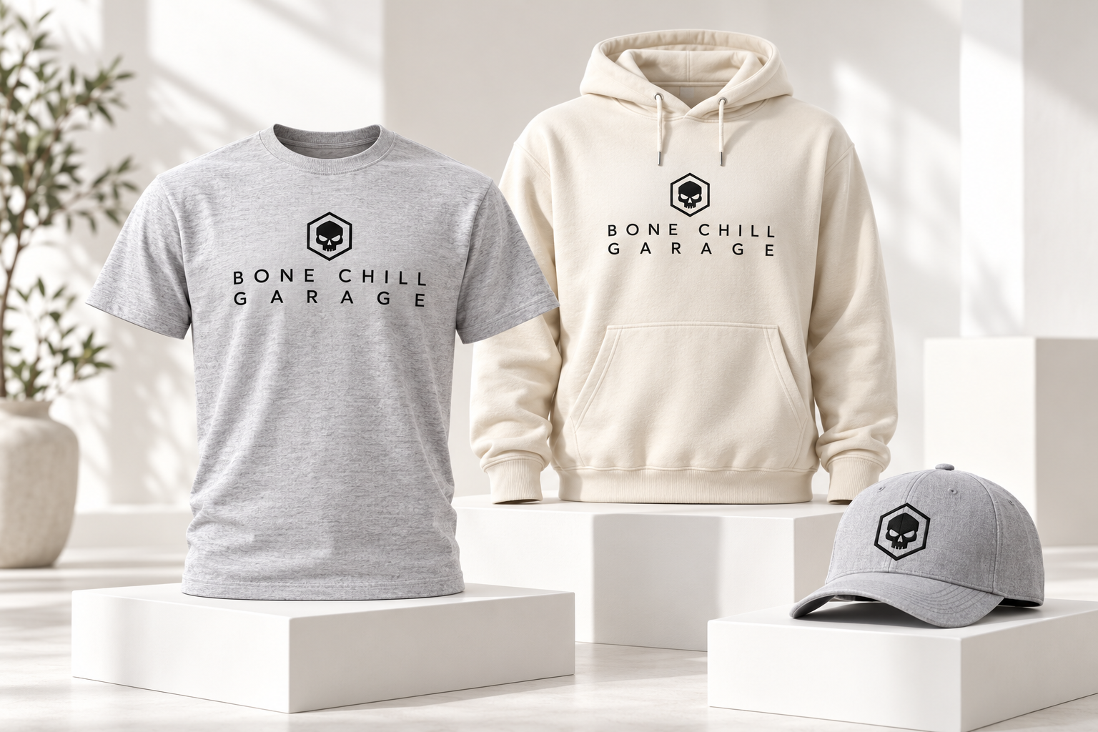 Bone Chill Garage light gray shirt, cream hoodie, and gray hat collection preview