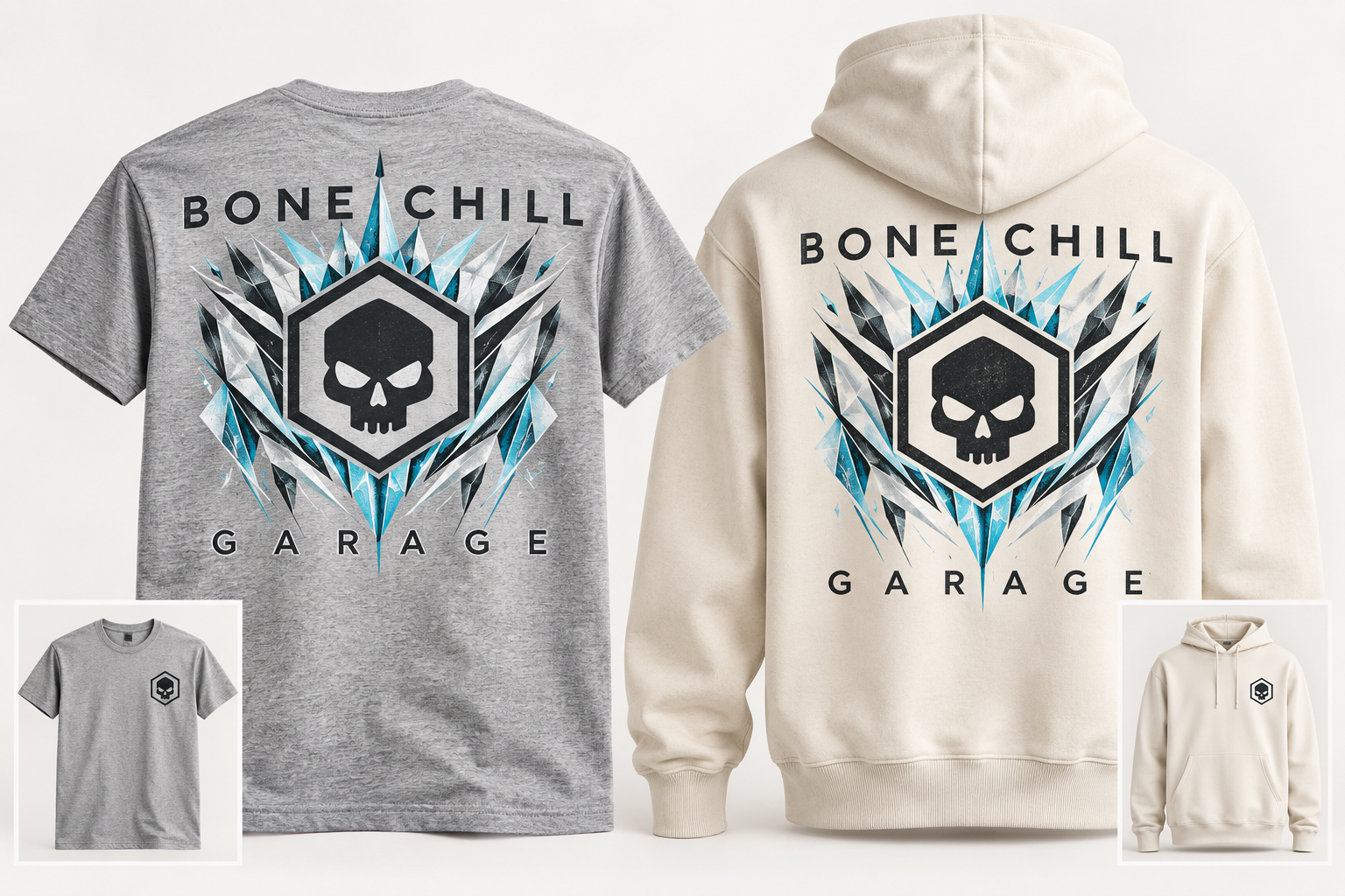 Back views of gray T-shirt and cream hoodie with bold charcoal and cyan ice graphics around the skull; inset views show small front chest logos.