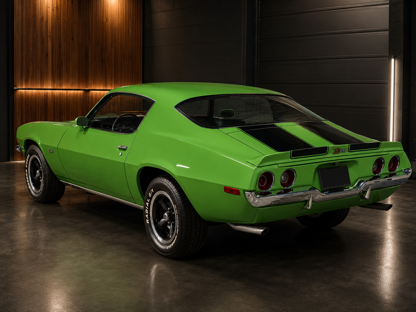 Citrus green classic Camaro rear profile