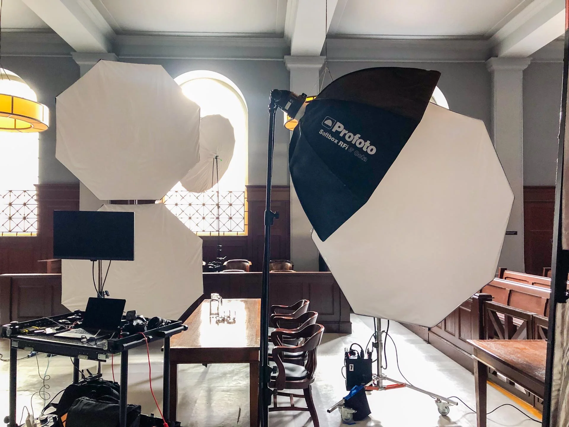 Studio lighting setup with a large softbox on a Key Lite shoot
