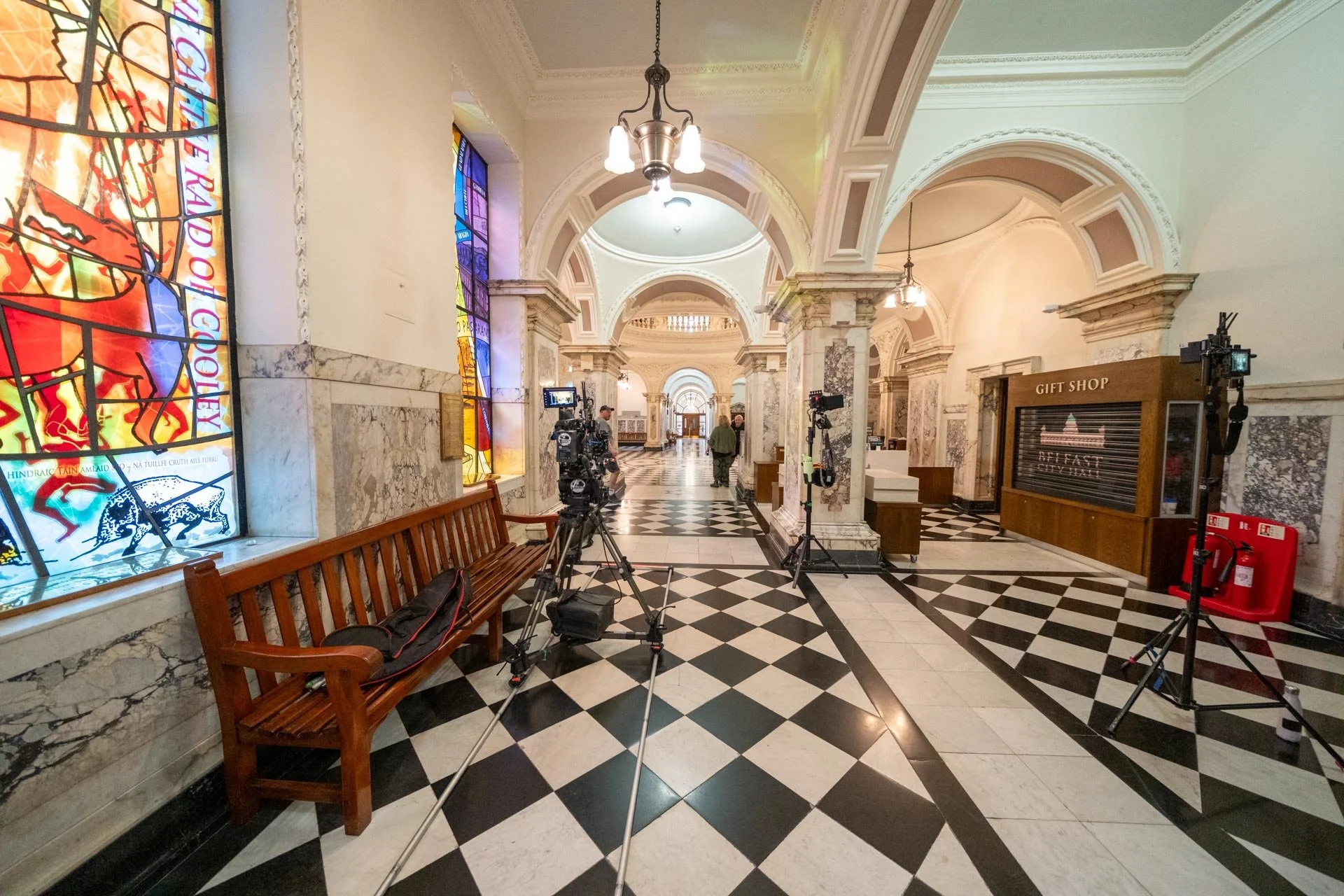 Film crew lighting setup Belfast City Hall