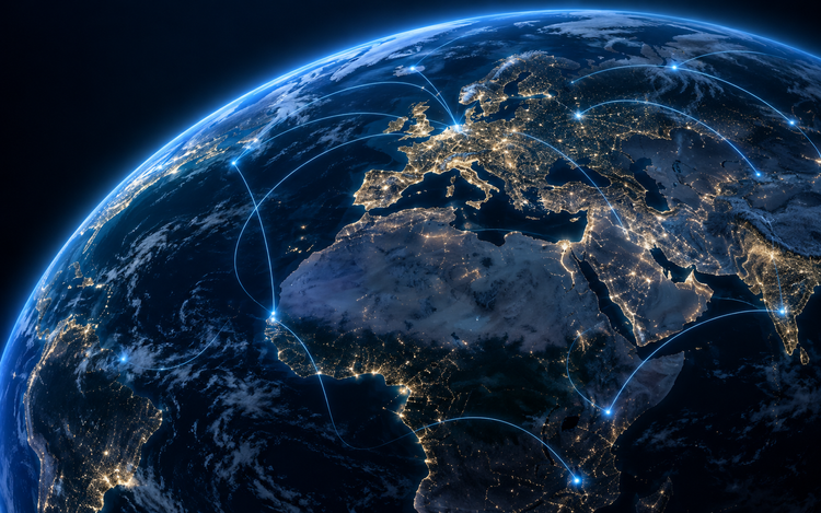 Conceptual view of fibre-connected infrastructure around the world