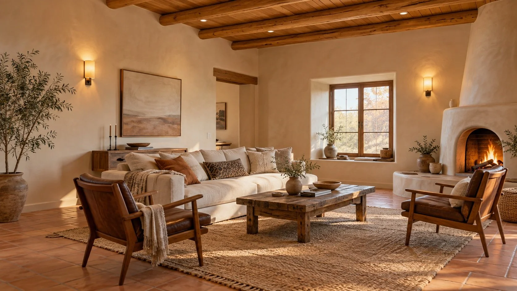 A New Mexico living room with timber vigas, warm lighting, and a kiva fireplace