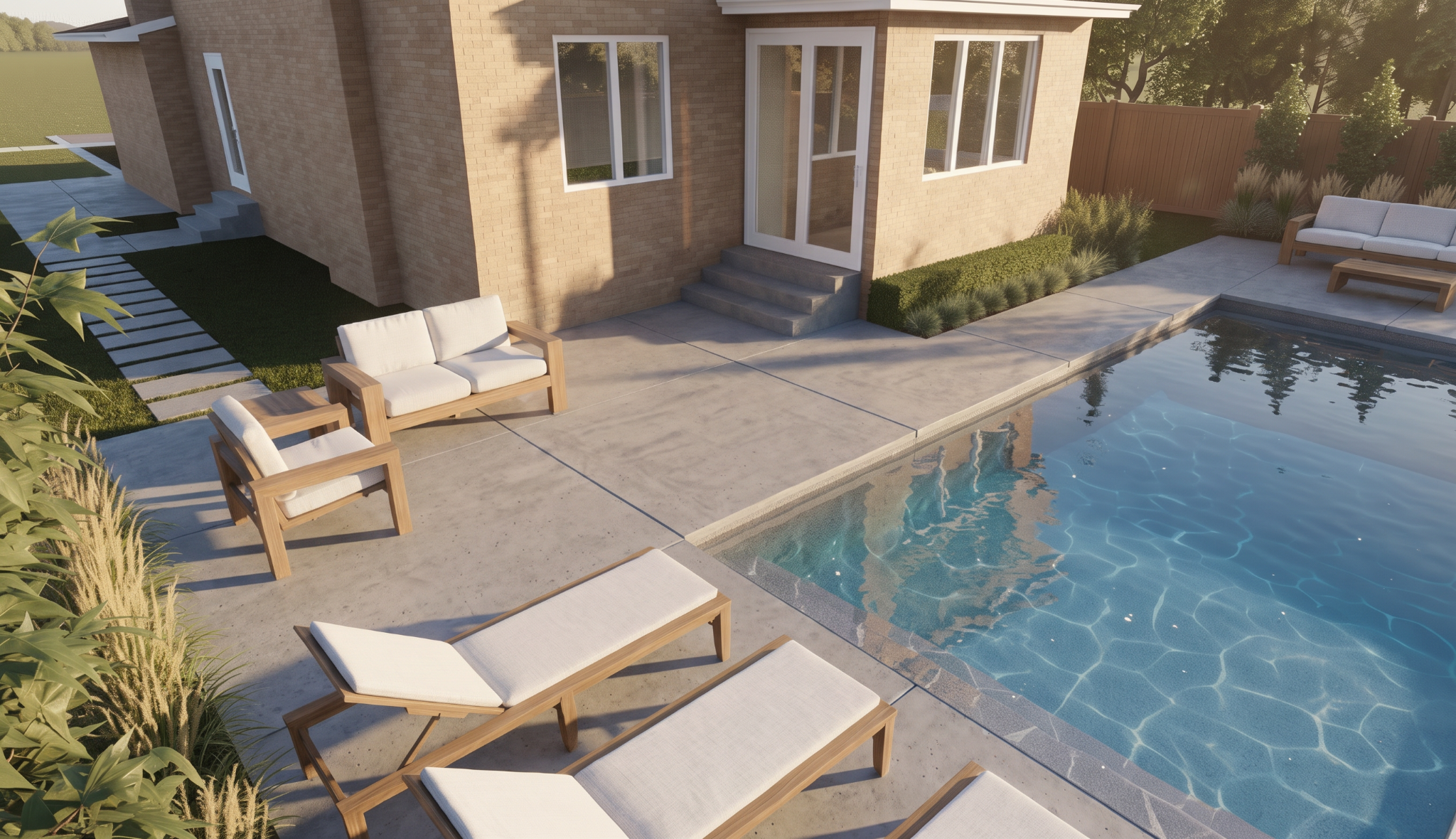 Hartfield Grove backyard design rendering showing the pool terrace, lounge seating, entrance steps and side-yard stepping stones