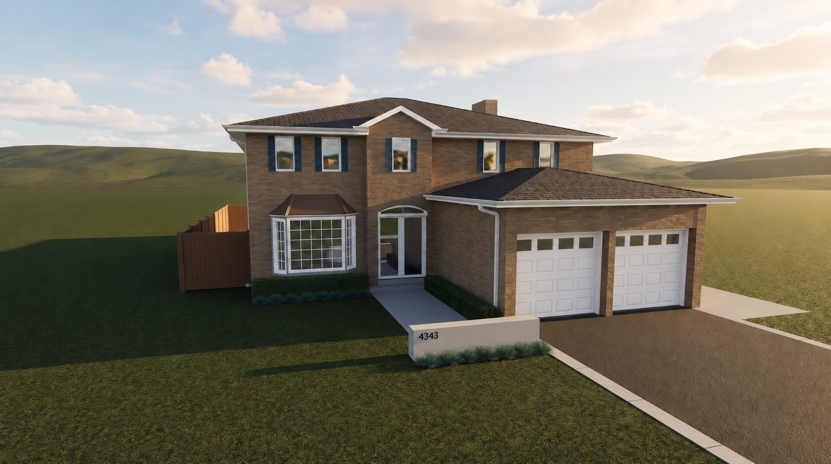 Hartfield Grove front landscape design rendering in Mississauga with an architectural address wall, driveway borders and layered planting