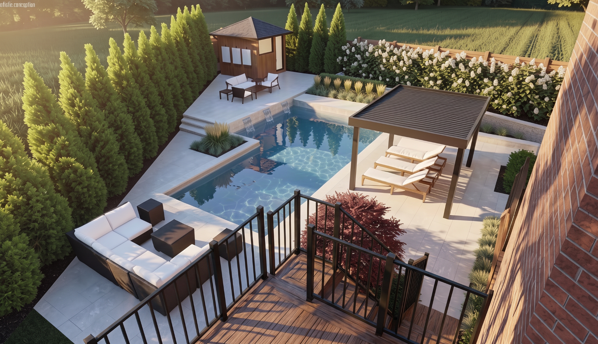 Trelawny pool design rendering from above, showing a tiered terrace, waterfall wall, shaded loungers and surrounding planting