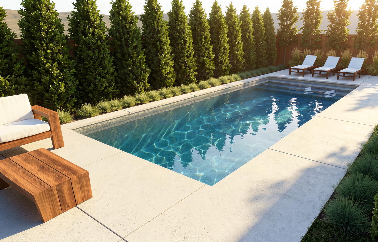 Hartfield Grove pool design rendering in Mississauga, with pale paving, poolside seating and a tall evergreen privacy screen