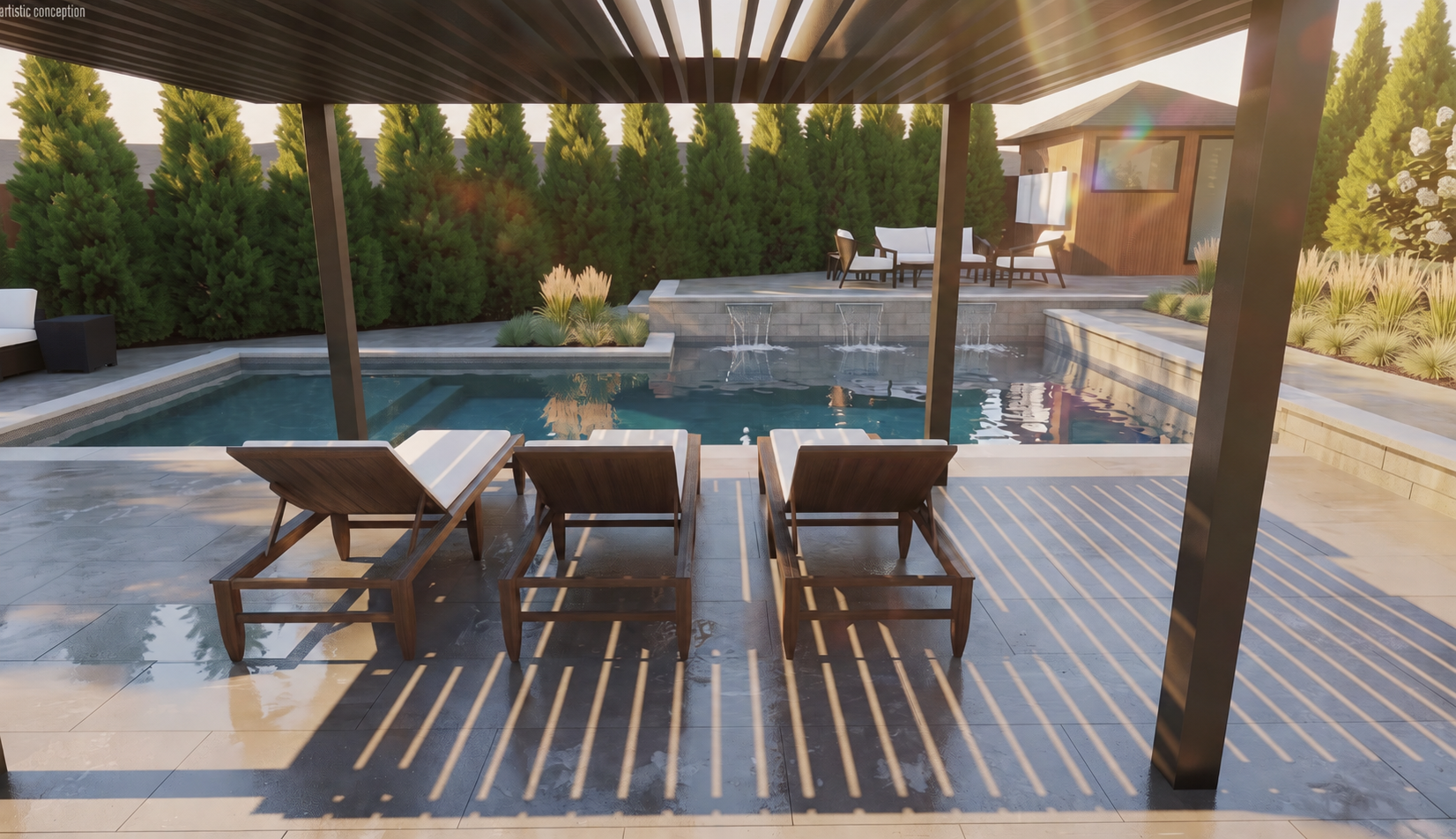 Trelawny design rendering looking from shaded poolside loungers toward the waterfall and raised seating terrace