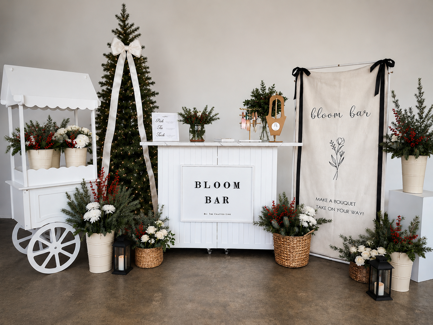 Winter floral bar with holiday styling