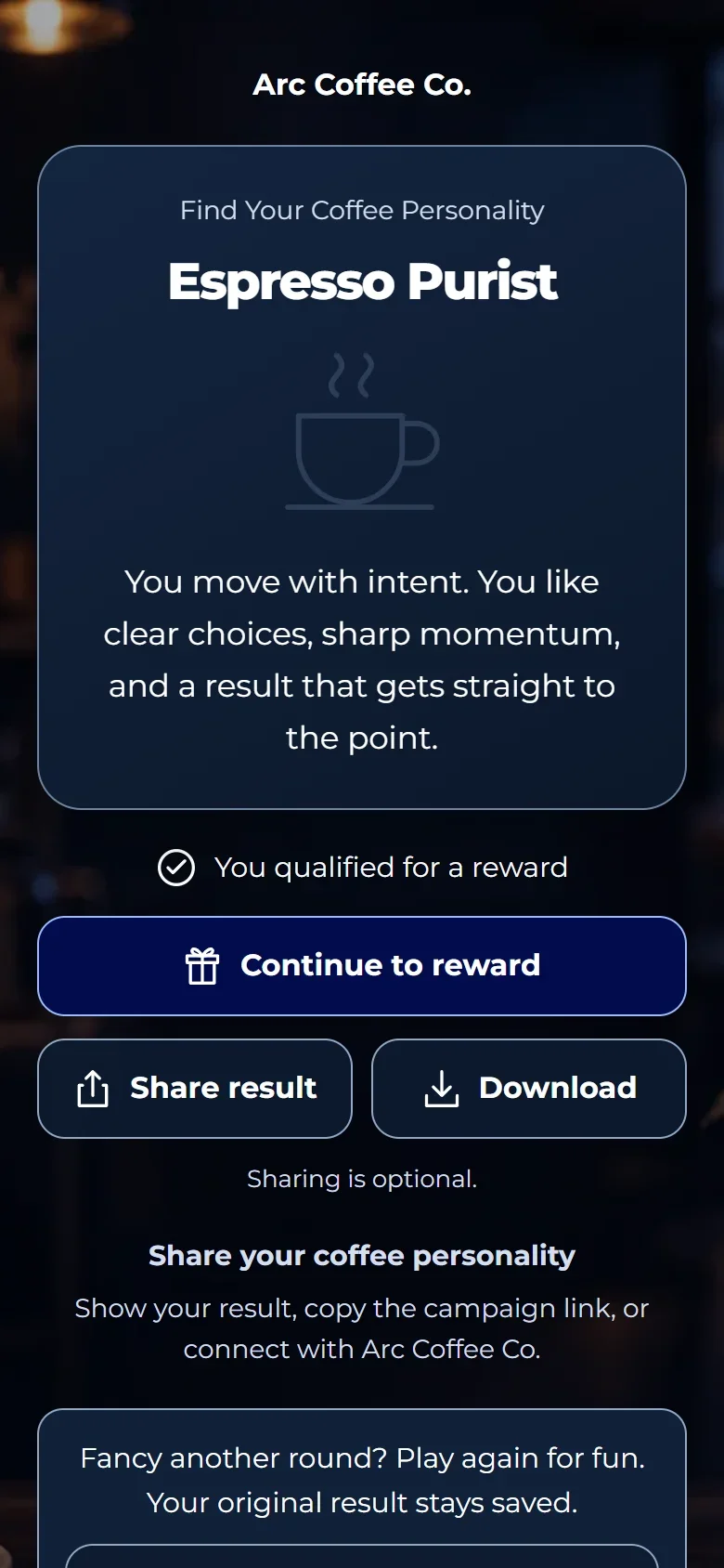 Espresso Purist: You move with intent. You like clear choices, sharp momentum, and a result that gets straight to the point. Example result from a staging demonstration.