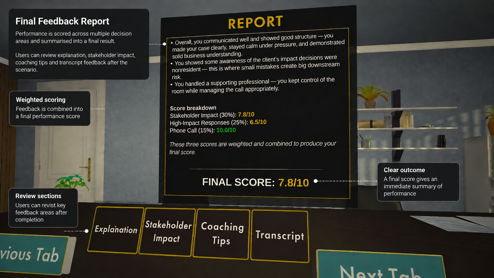 VR training scoring and feedback interface from founder delivery experience